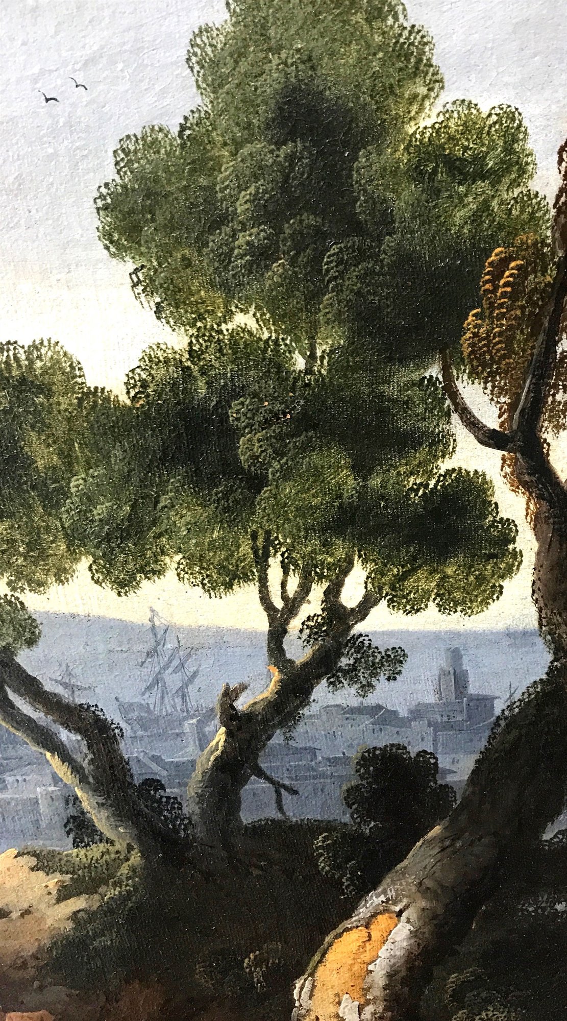 Paesaggio con porto e gruppo di viandanti nei pressi di un ponte