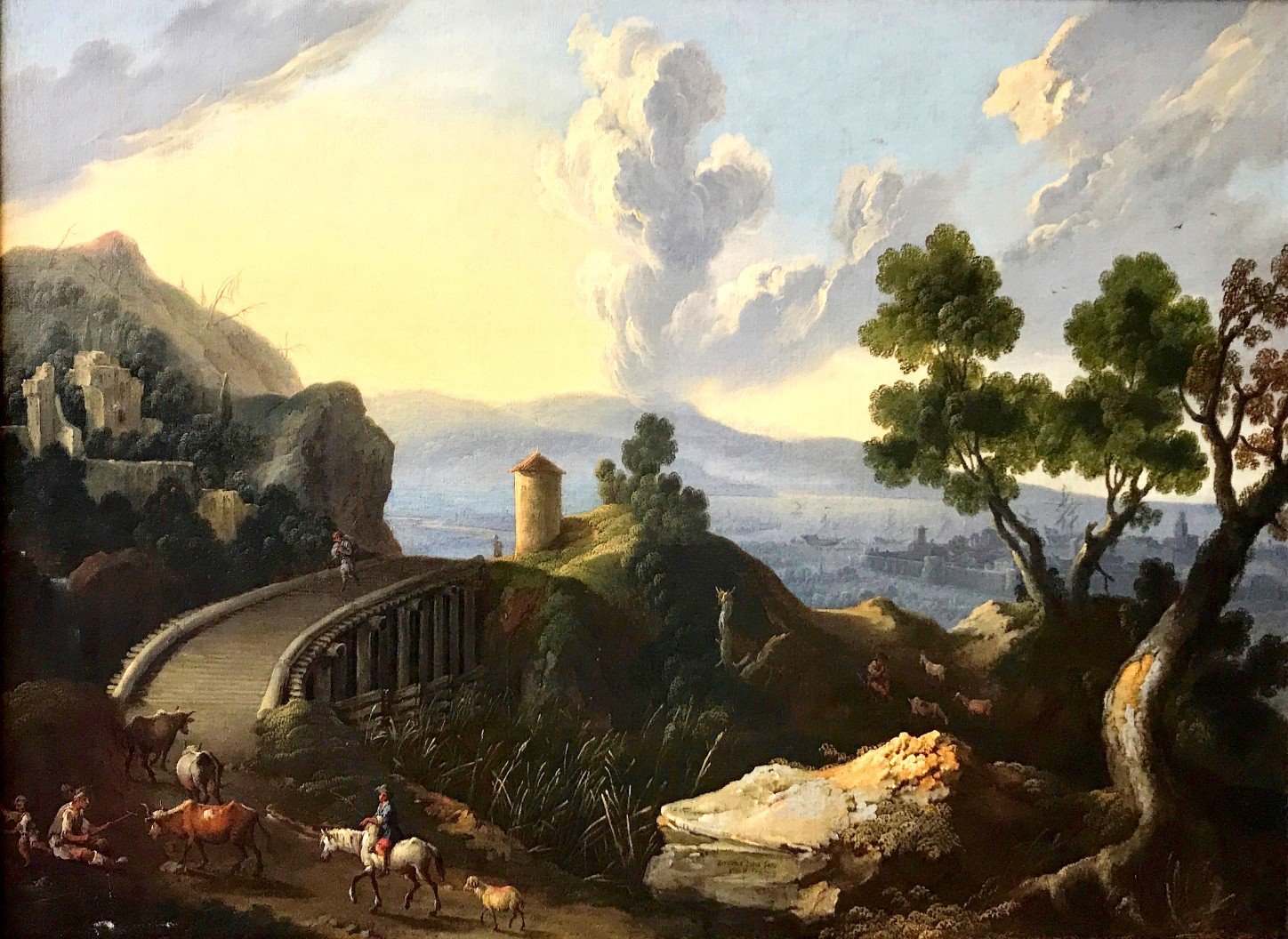 Paesaggio con porto e gruppo di viandanti nei pressi di un ponte