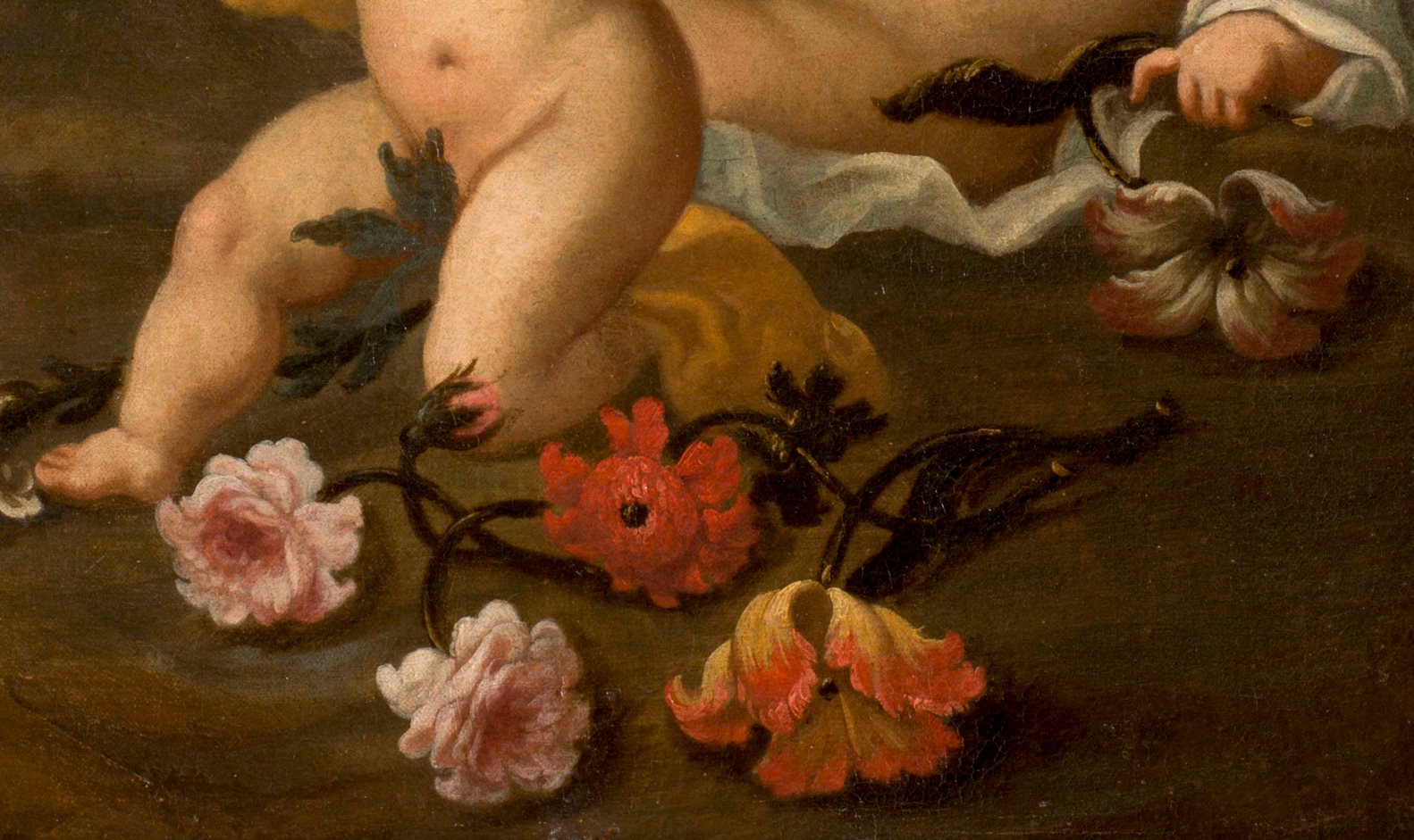 Paesaggio con due putti, un satirello e composizione di fiori
