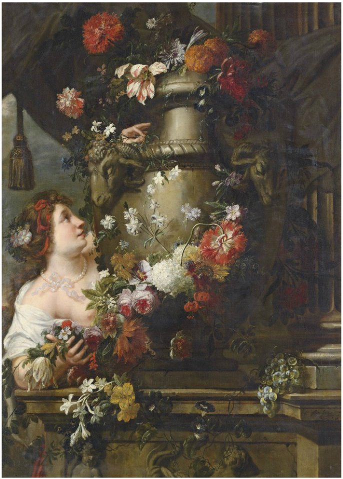 Grande dipinto raffigurante un'opulenta natura morta con trofeo floreale e putti
