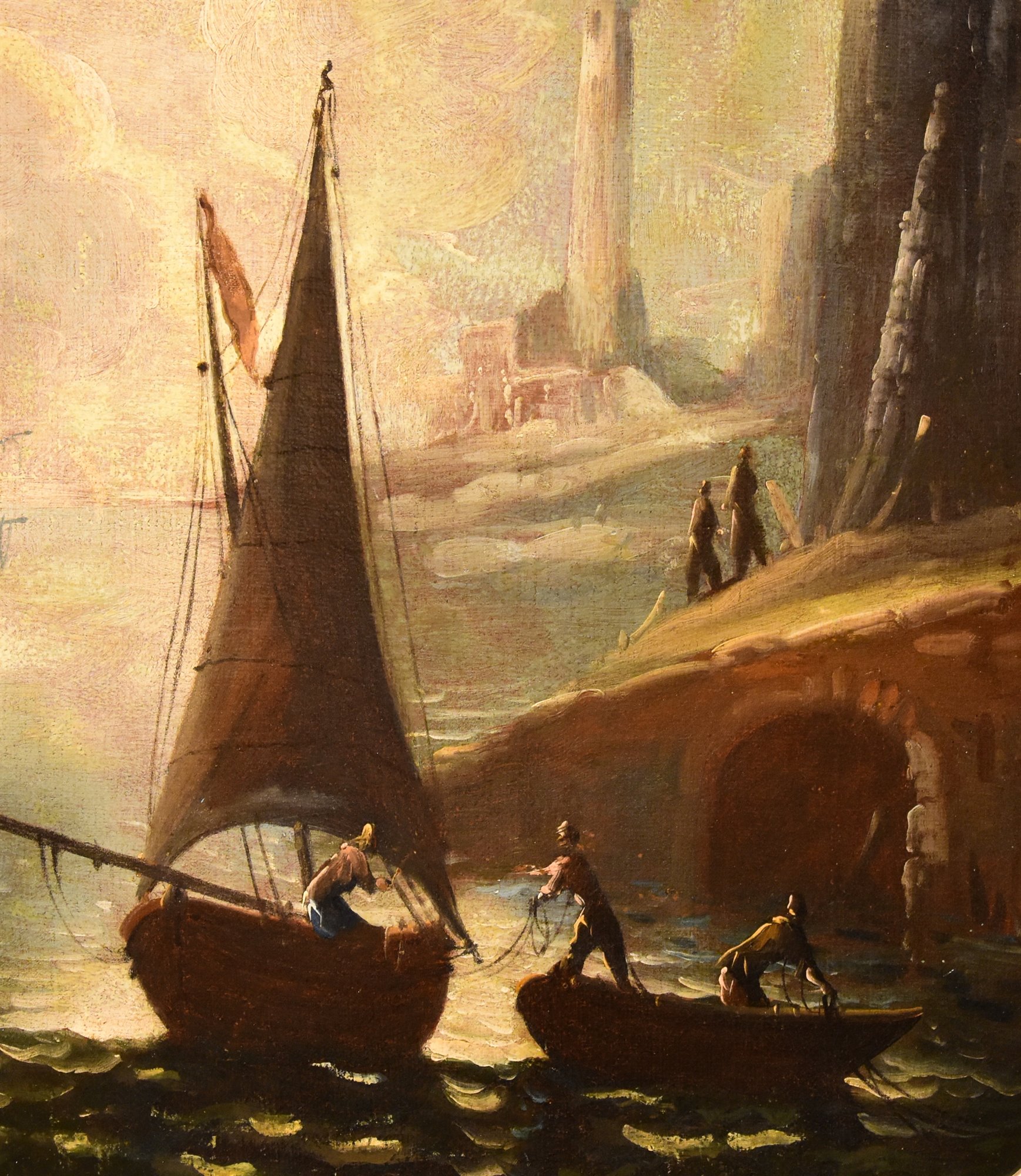 Coppia di opere ‘’Vedute costiere di fantasia con imbarcazioni e figure’