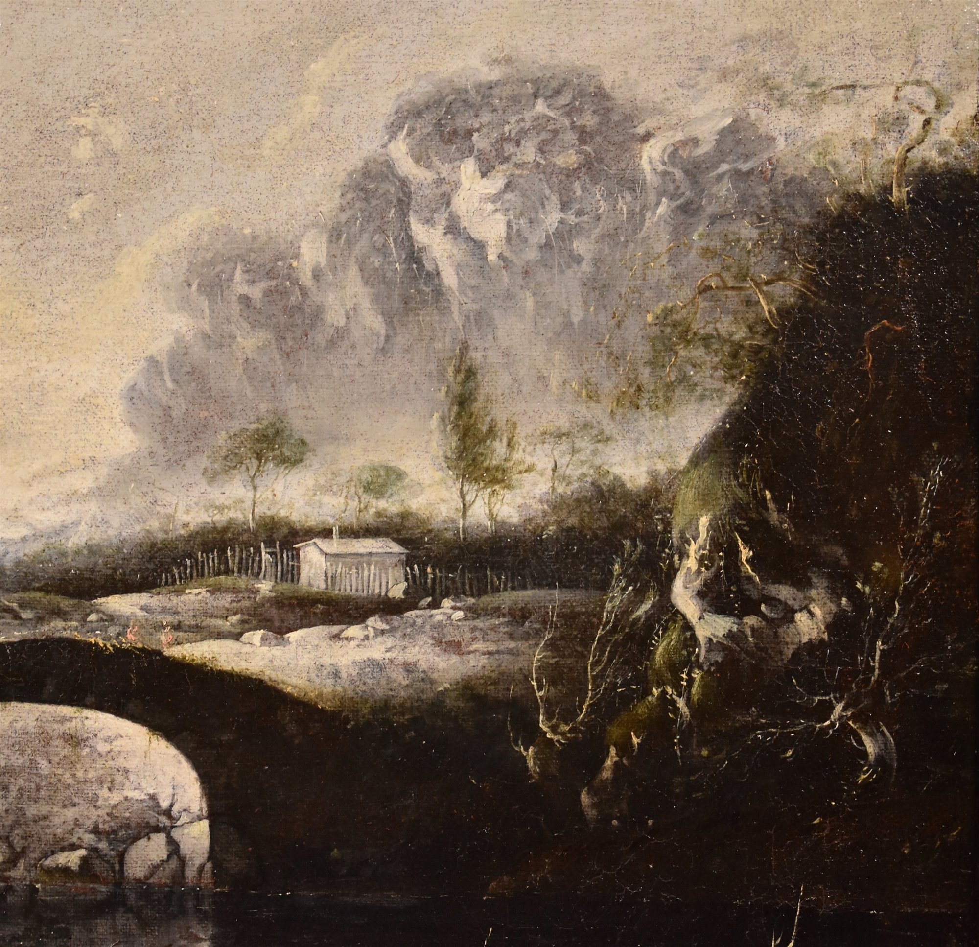 Paesaggio invernale di fantasia con ponte e torrione