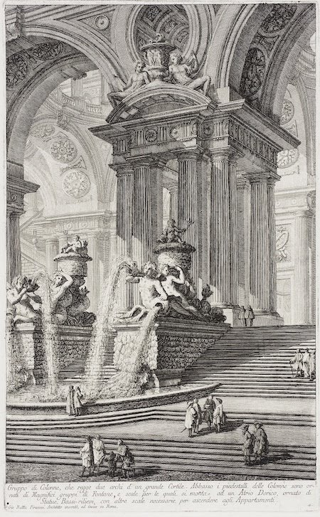 Capriccio architettonico con archi, sculture e fontane