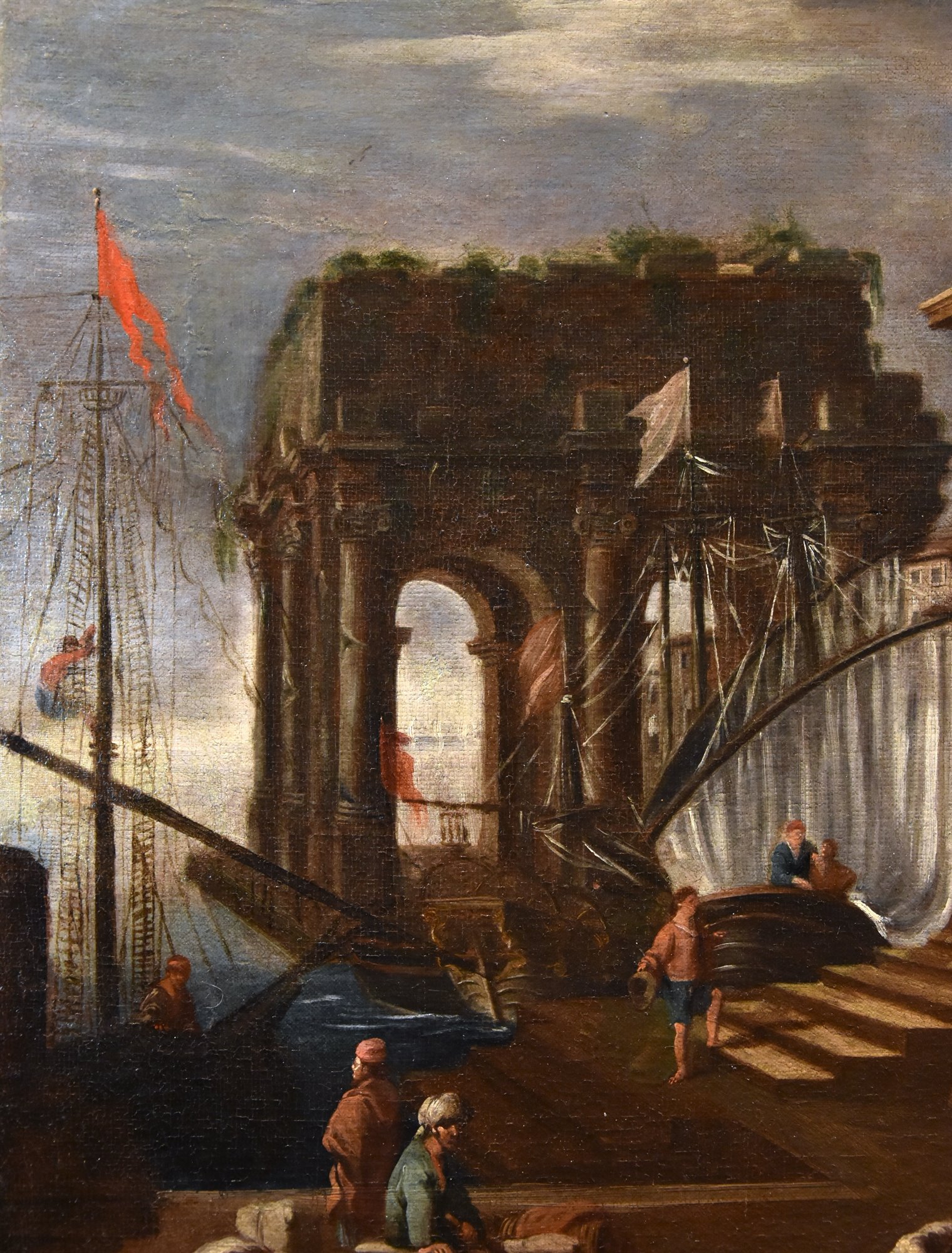 Veduta fantastica con porto e capriccio architettonico