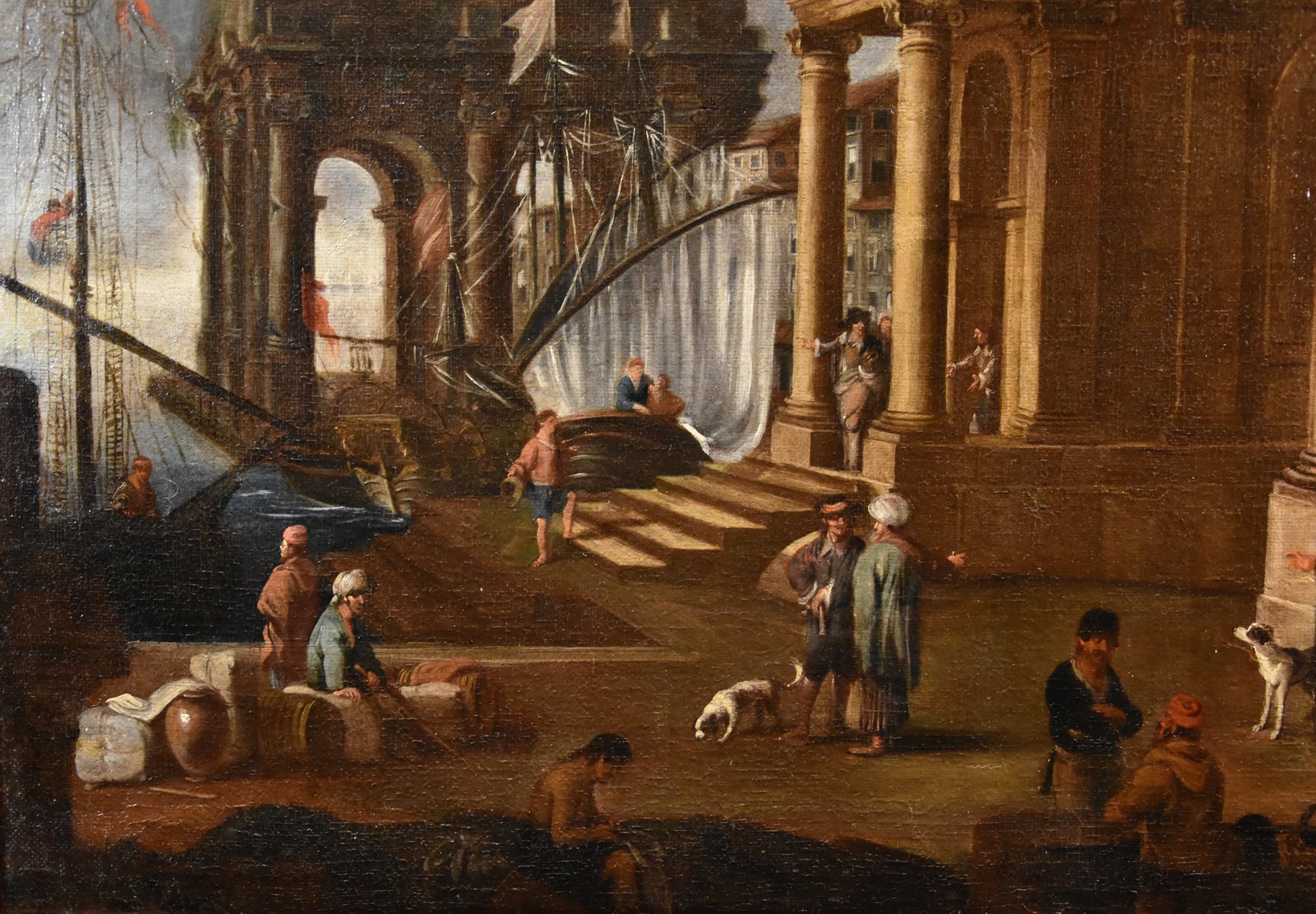 Veduta fantastica con porto e capriccio architettonico
