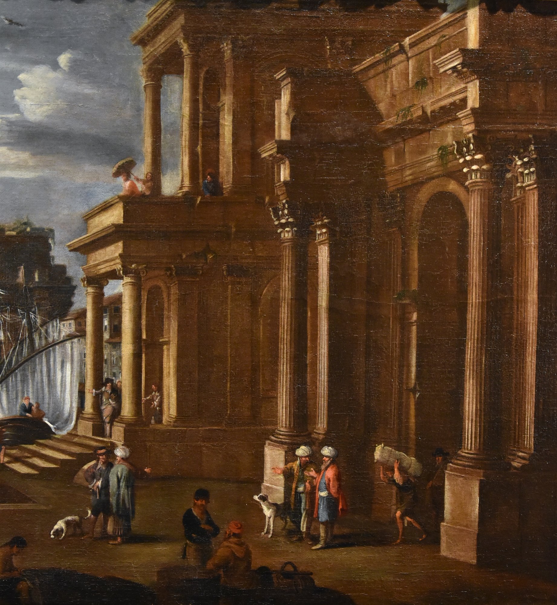 Veduta fantastica con porto e capriccio architettonico
