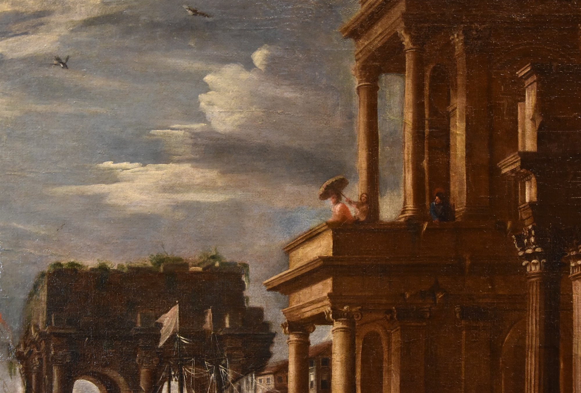 Veduta fantastica con porto e capriccio architettonico
