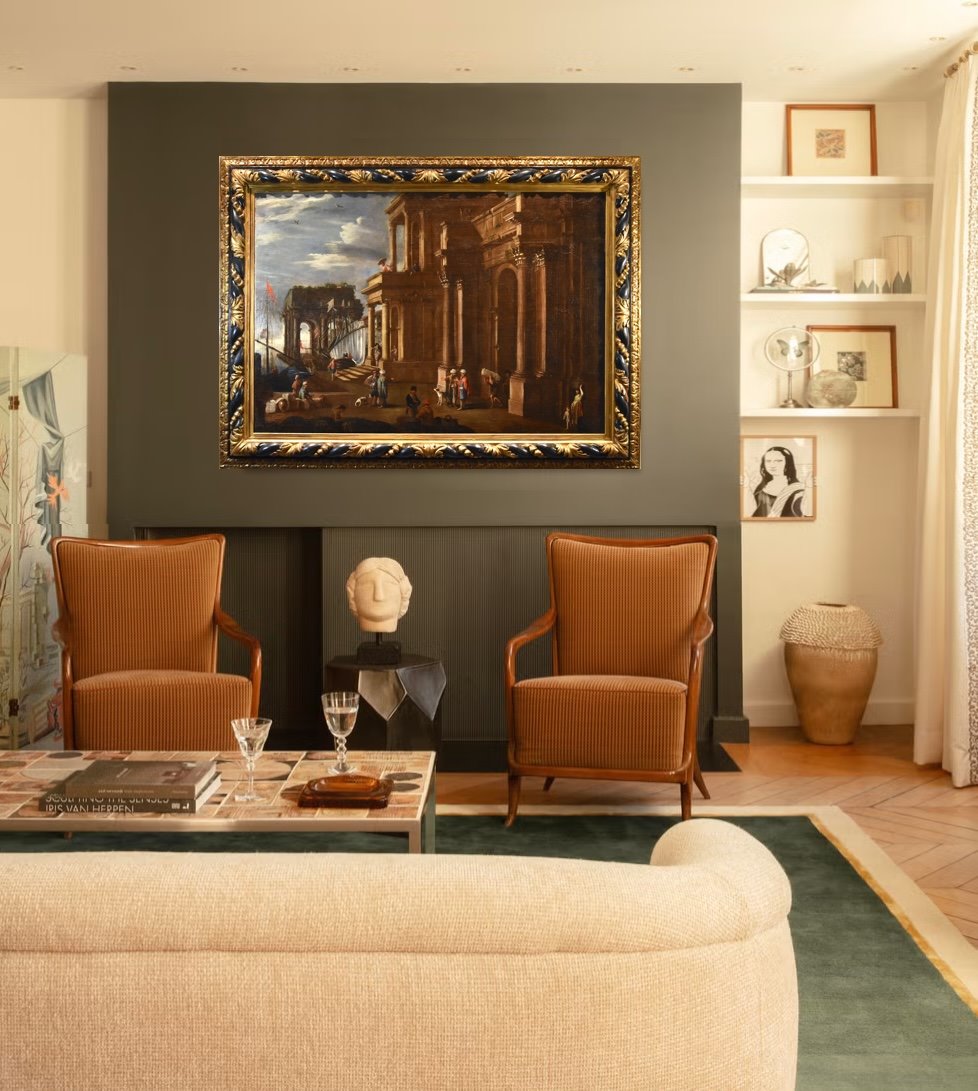 Veduta fantastica con porto e capriccio architettonico