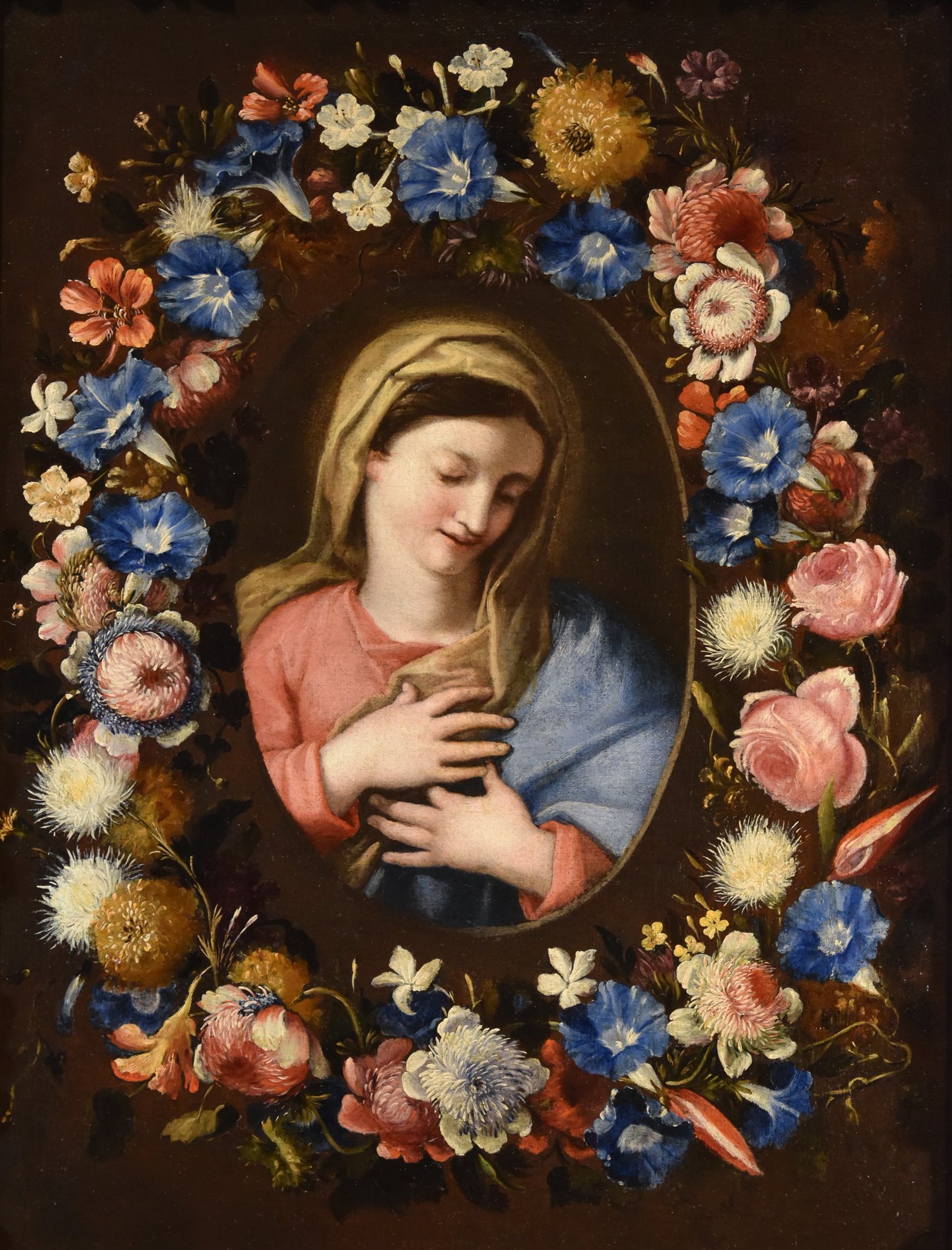 Ghirlanda fiorita con ritratto della Vergine