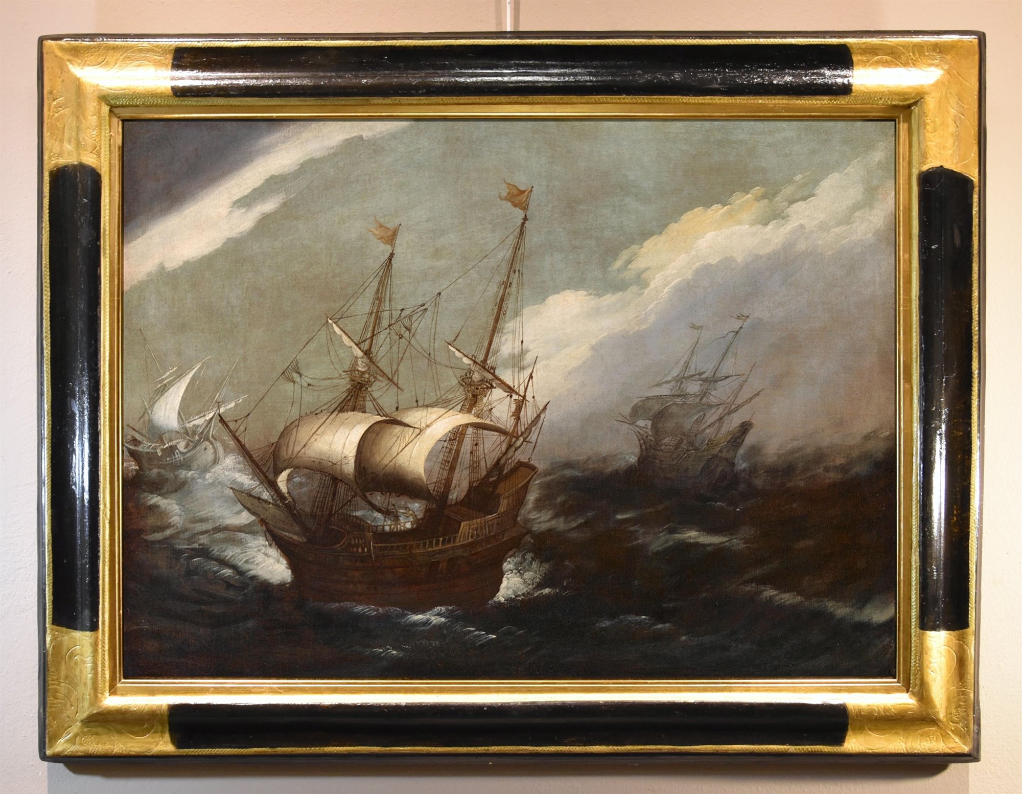Marina in tempesta con vascelli