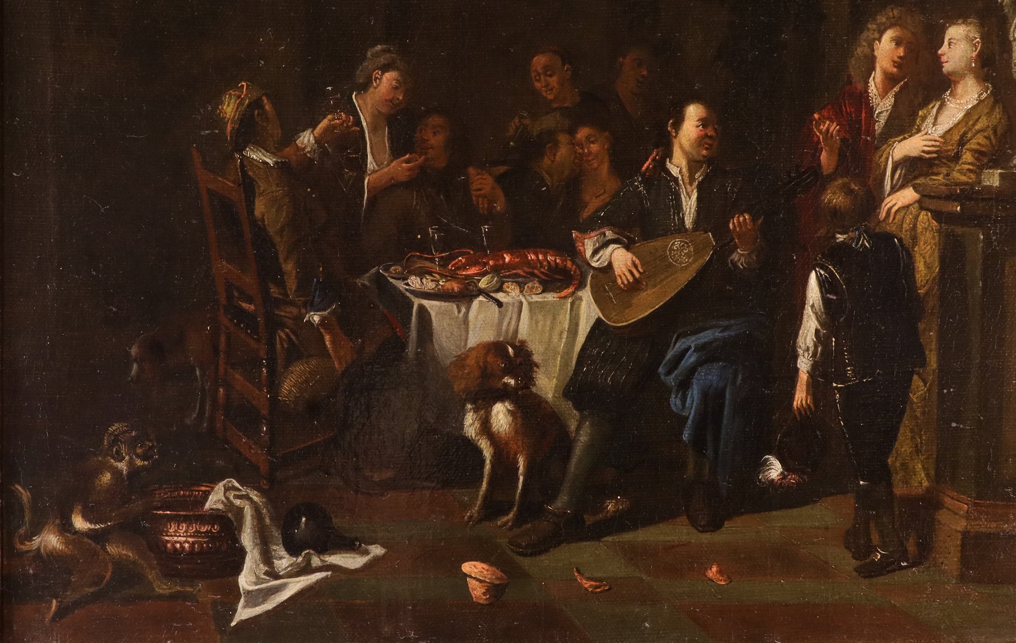 Coppia di interni con scende di genere 'Banchetto' e 'Rissa'