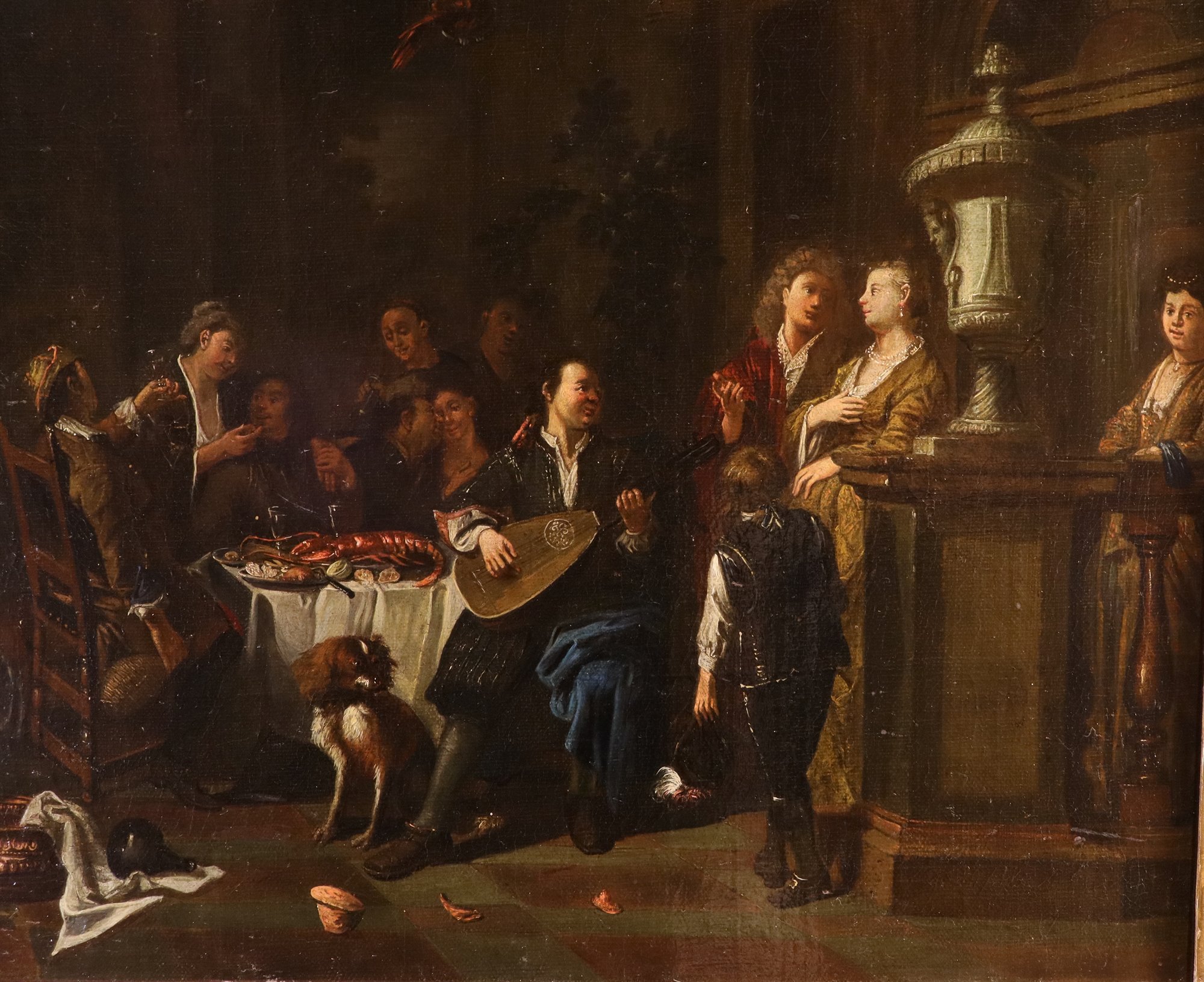 Coppia di interni con scende di genere 'Banchetto' e 'Rissa'