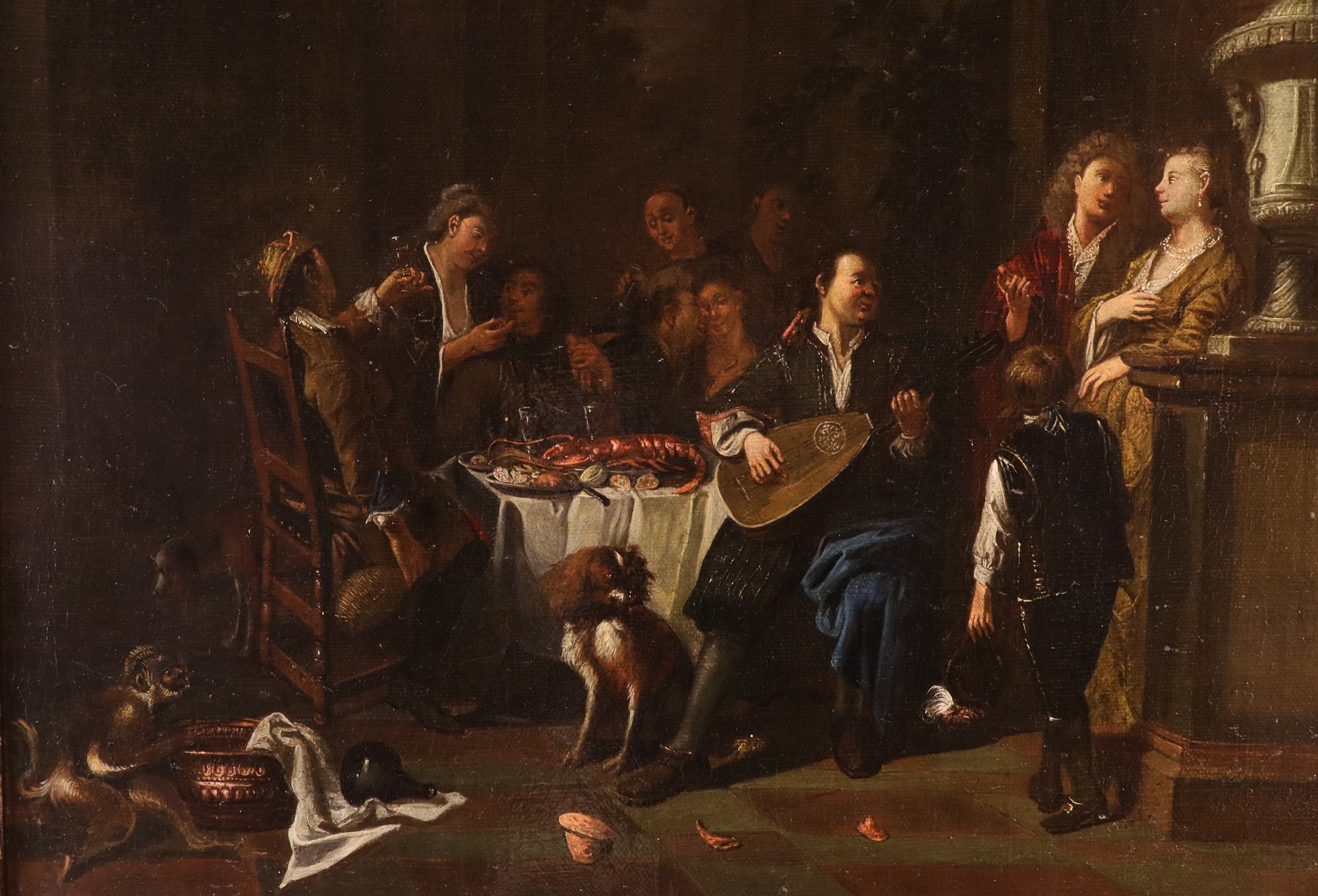 Coppia di interni con scende di genere 'Banchetto' e 'Rissa'