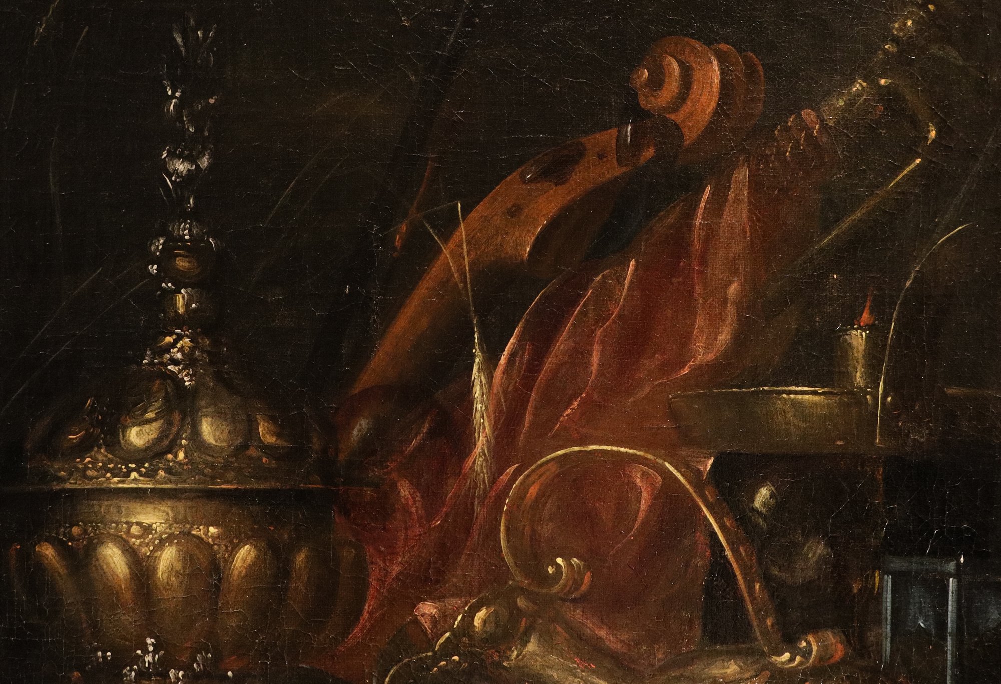 Natura morta Vanitas con oggetti preziosi, strumenti musicali e disegni