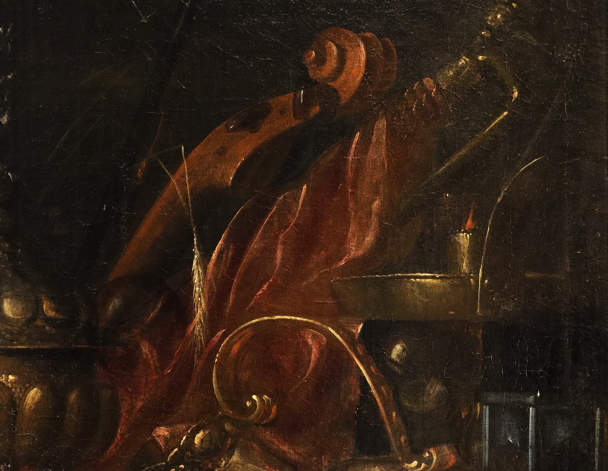 Natura morta Vanitas con oggetti preziosi, strumenti musicali e disegni