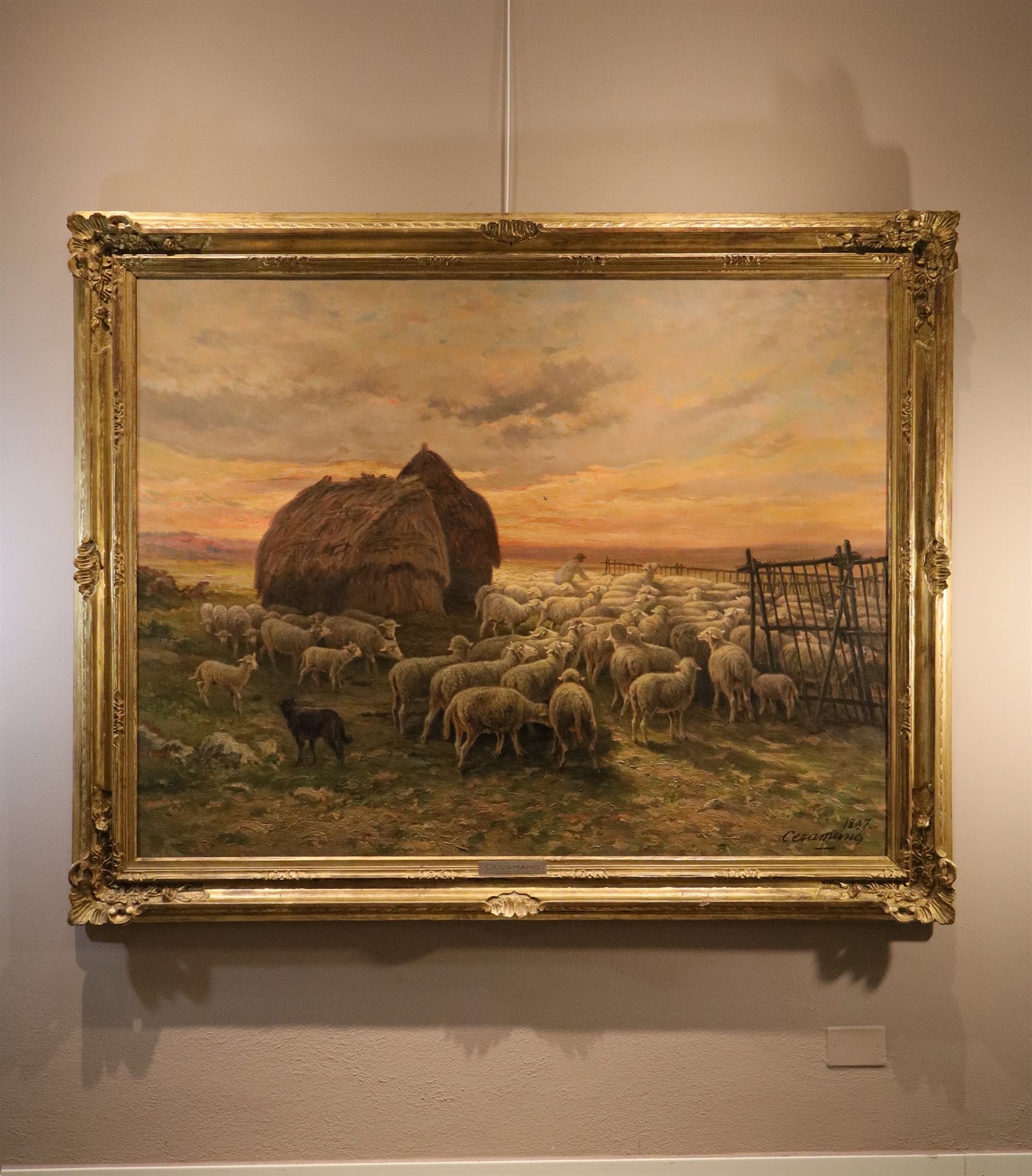 Paesaggio al tramonto con gregge al pascolo