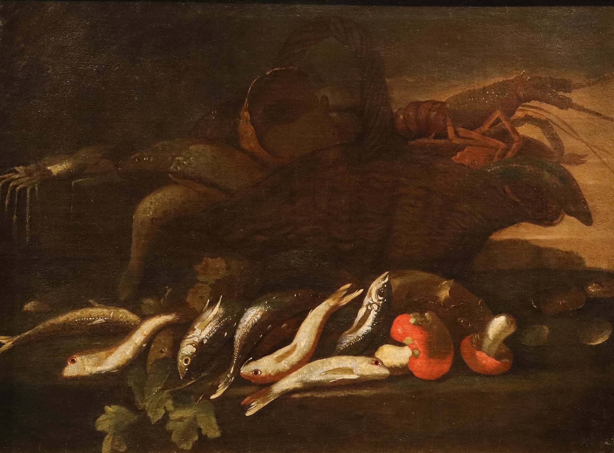 Coppia di nature morte con pesci e crostacei