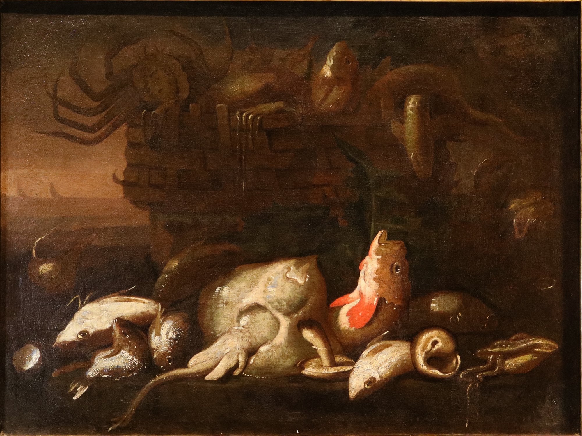 Coppia di nature morte con pesci e crostacei