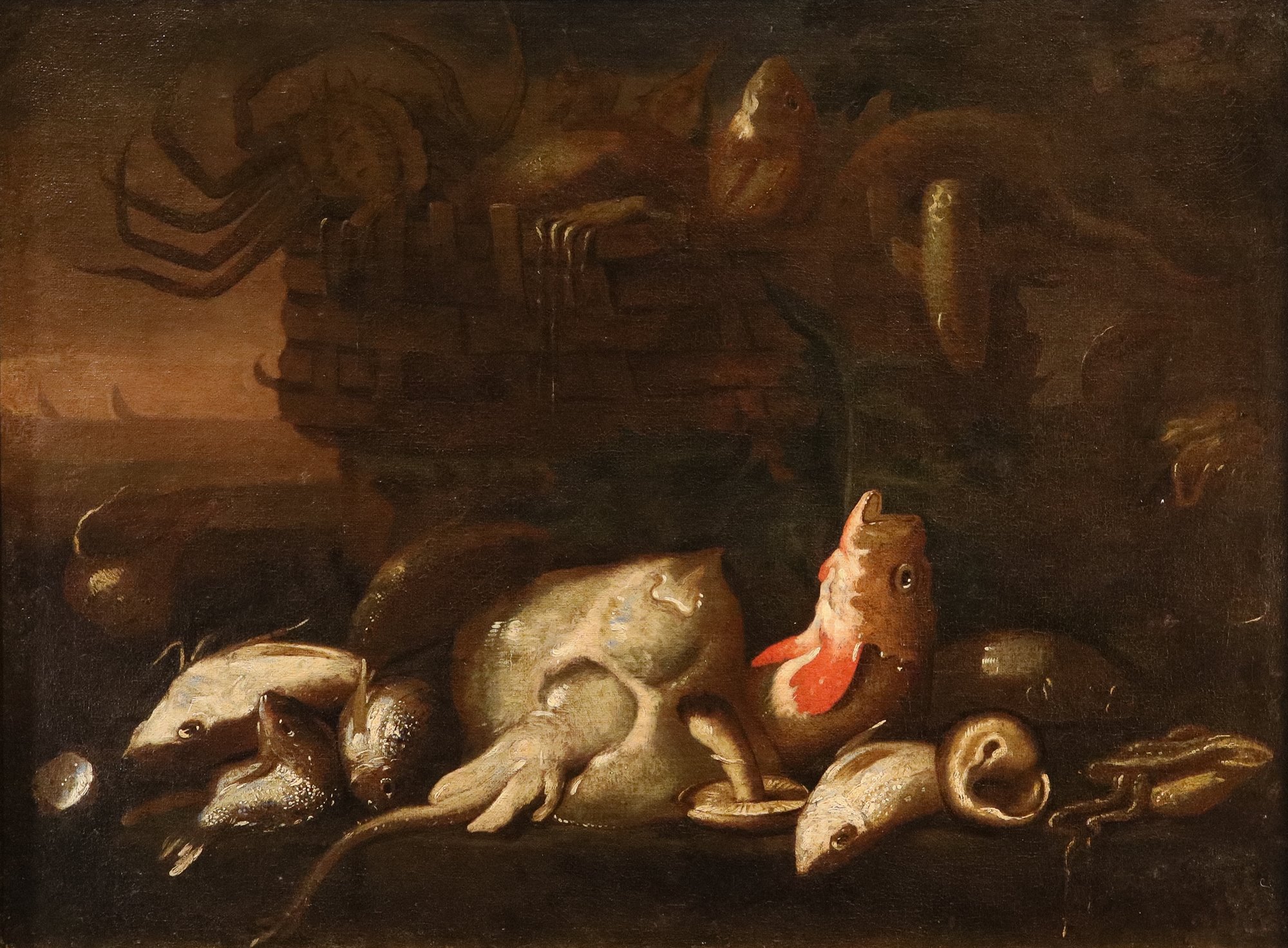 Coppia di nature morte con pesci e crostacei