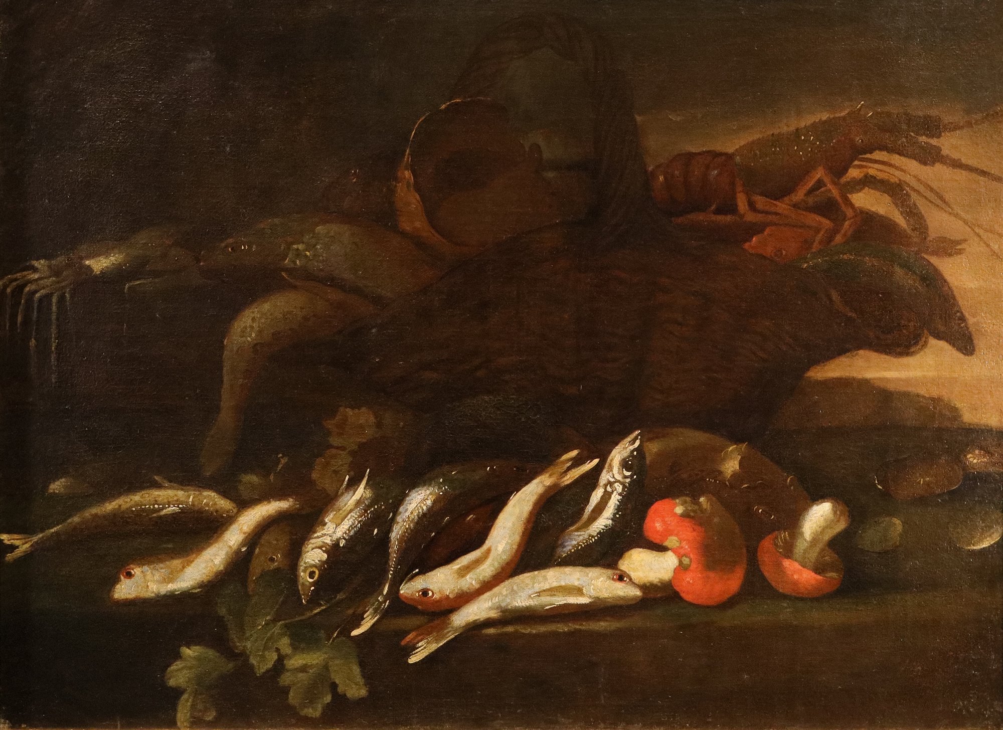 Coppia di nature morte con pesci e crostacei