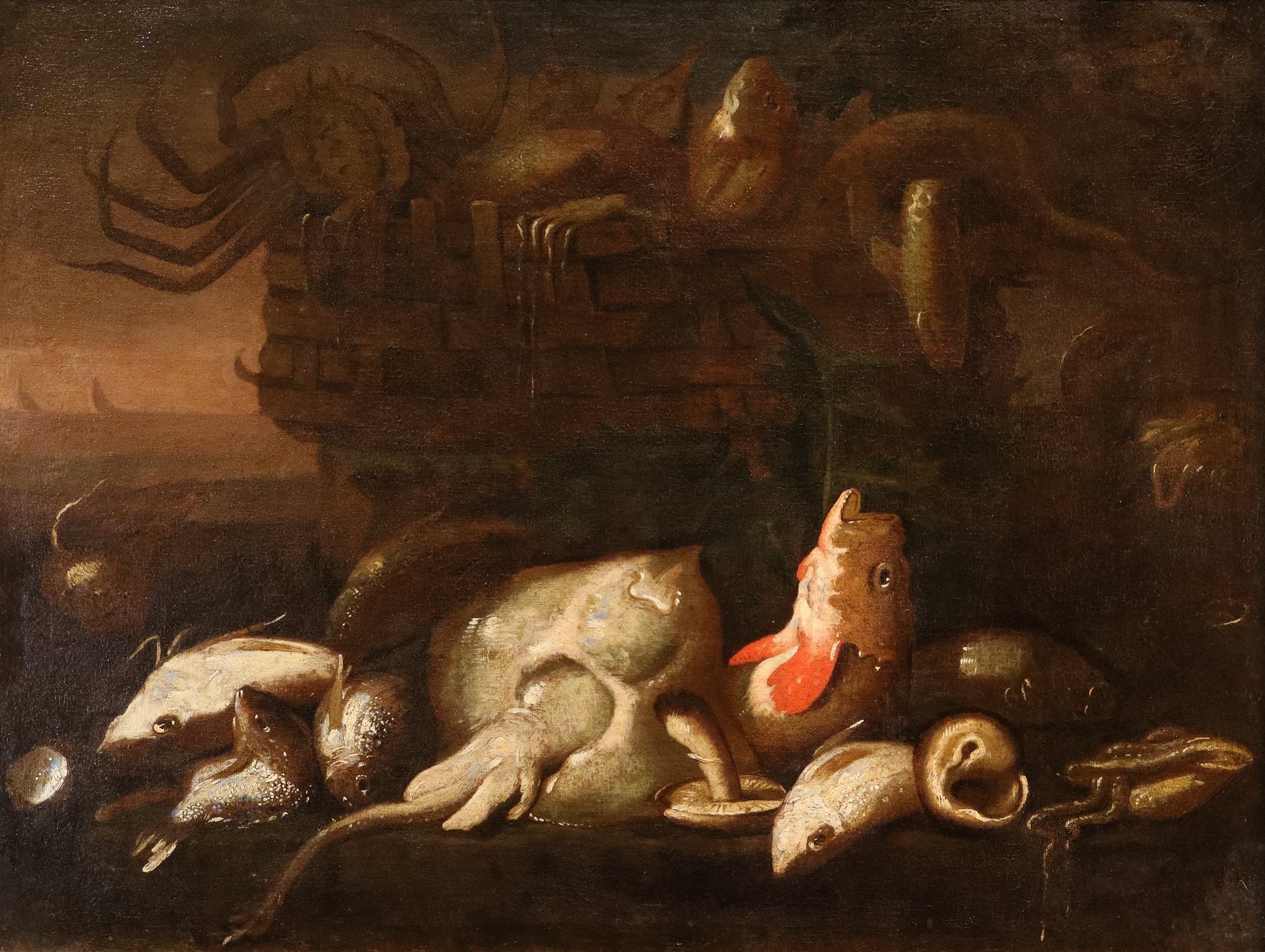 Coppia di nature morte con pesci e crostacei