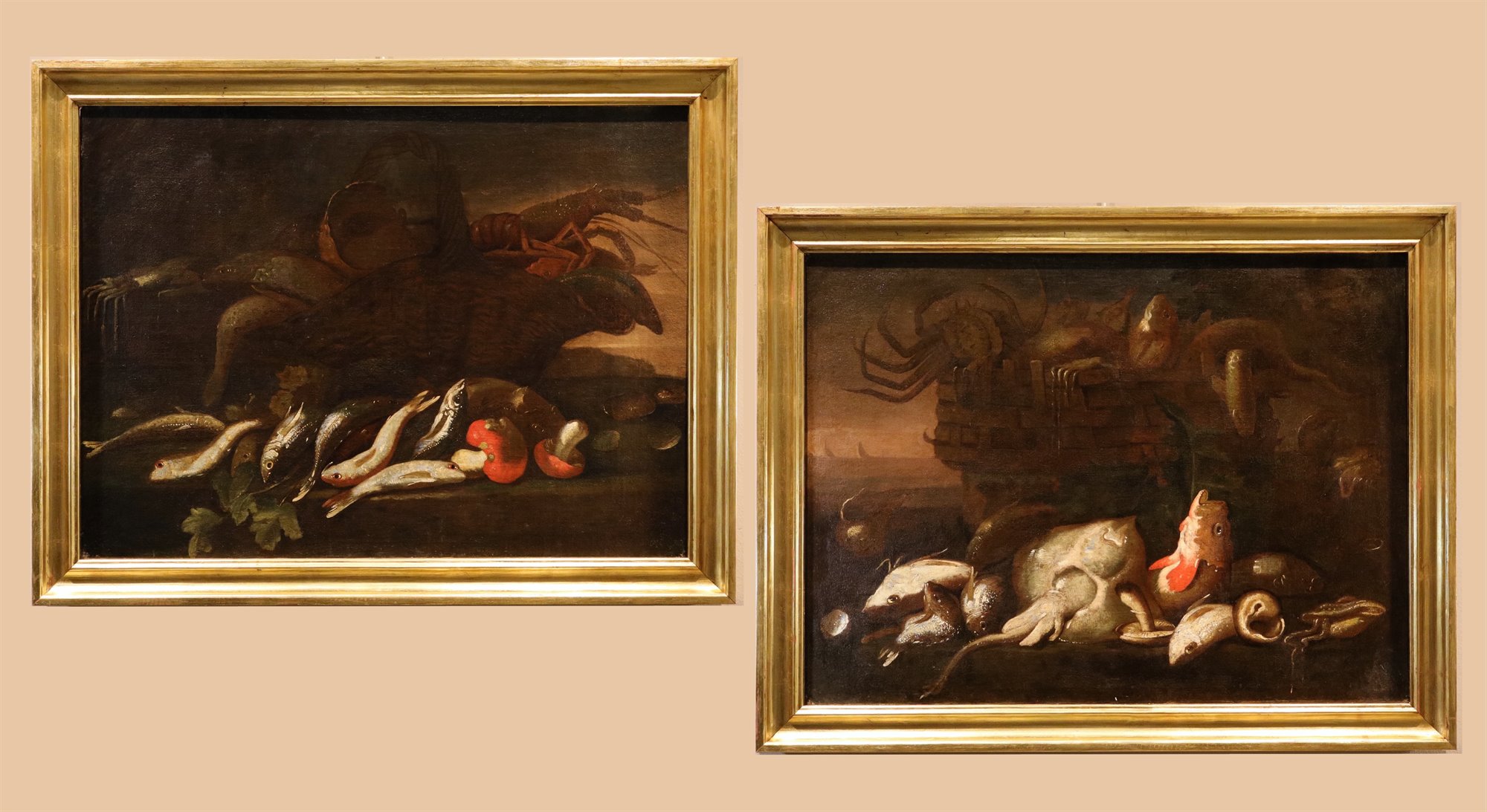 Coppia di nature morte con pesci e crostacei