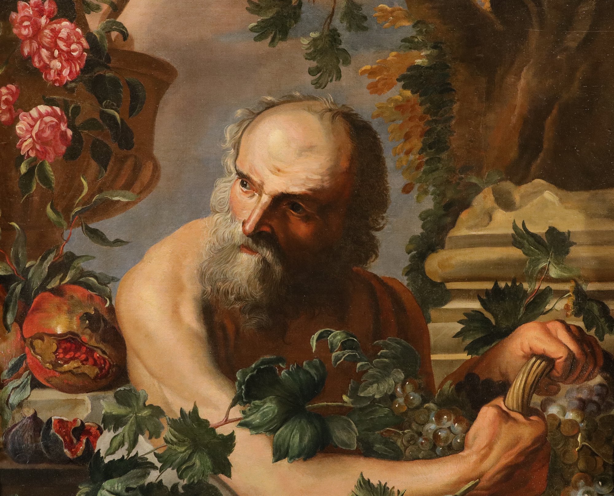 Ritratto del filosofo greco Diogene con composizione di frutta e fiori