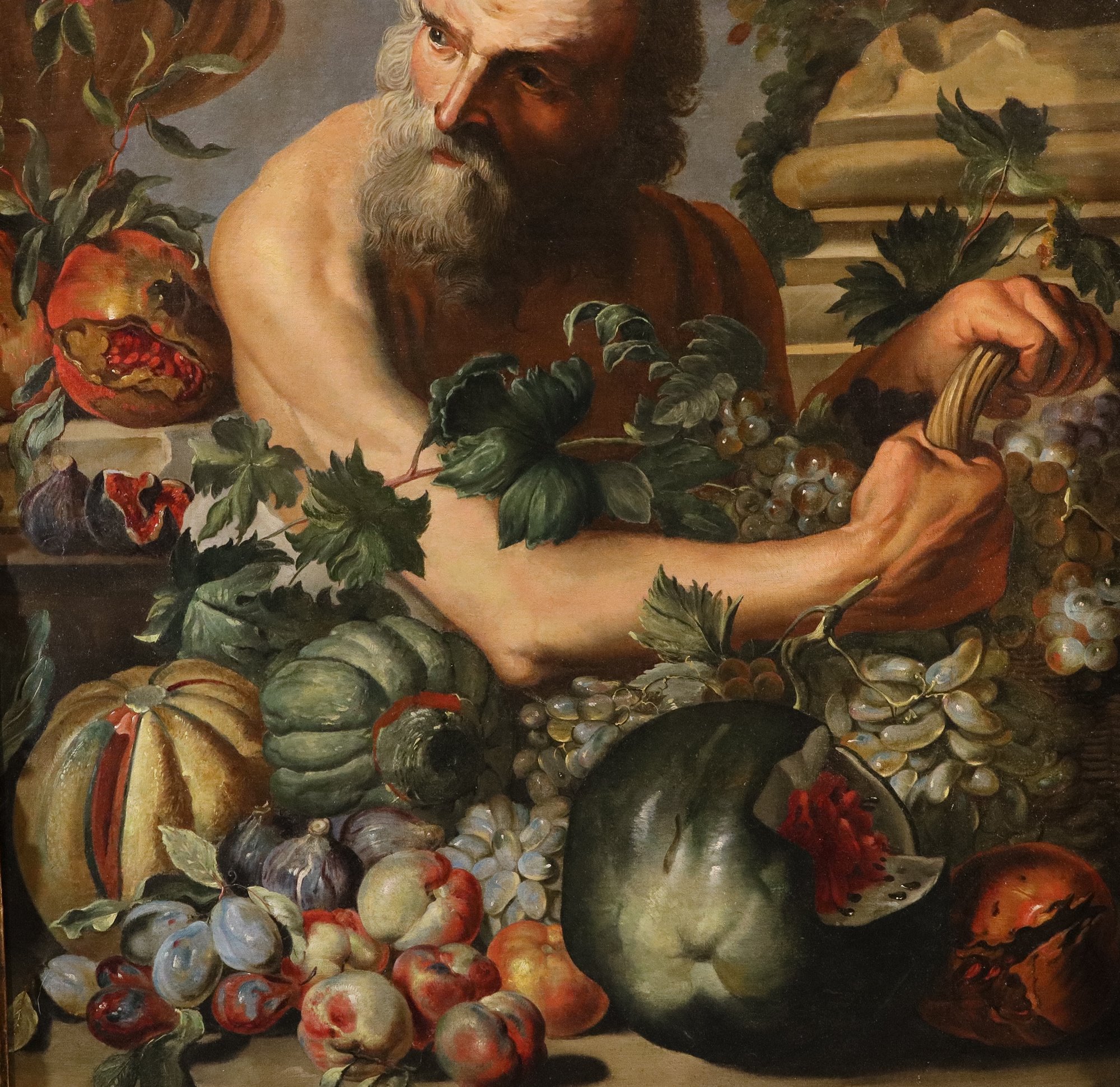 Ritratto del filosofo greco Diogene con composizione di frutta e fiori