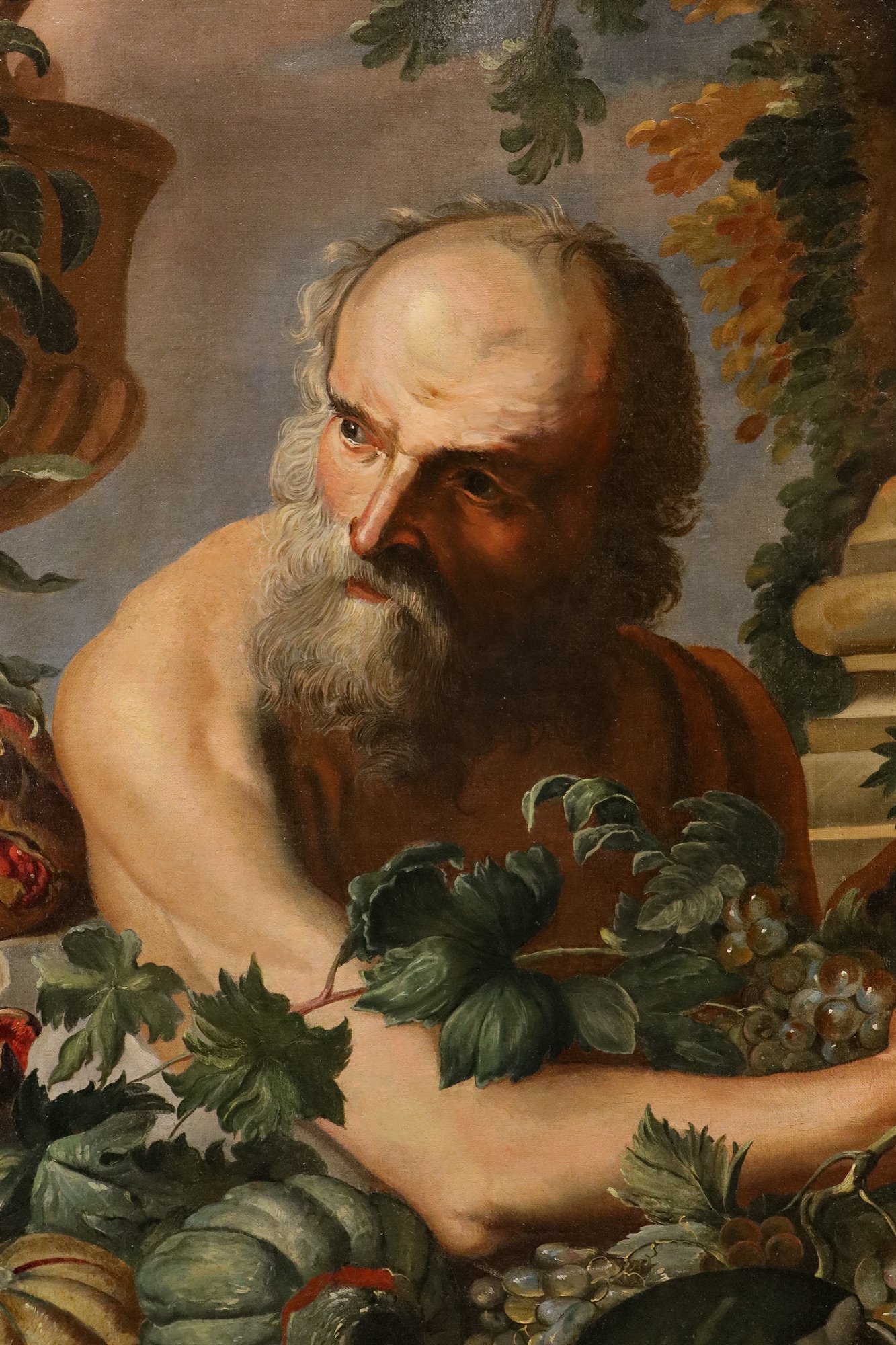 Ritratto del filosofo greco Diogene con composizione di frutta e fiori