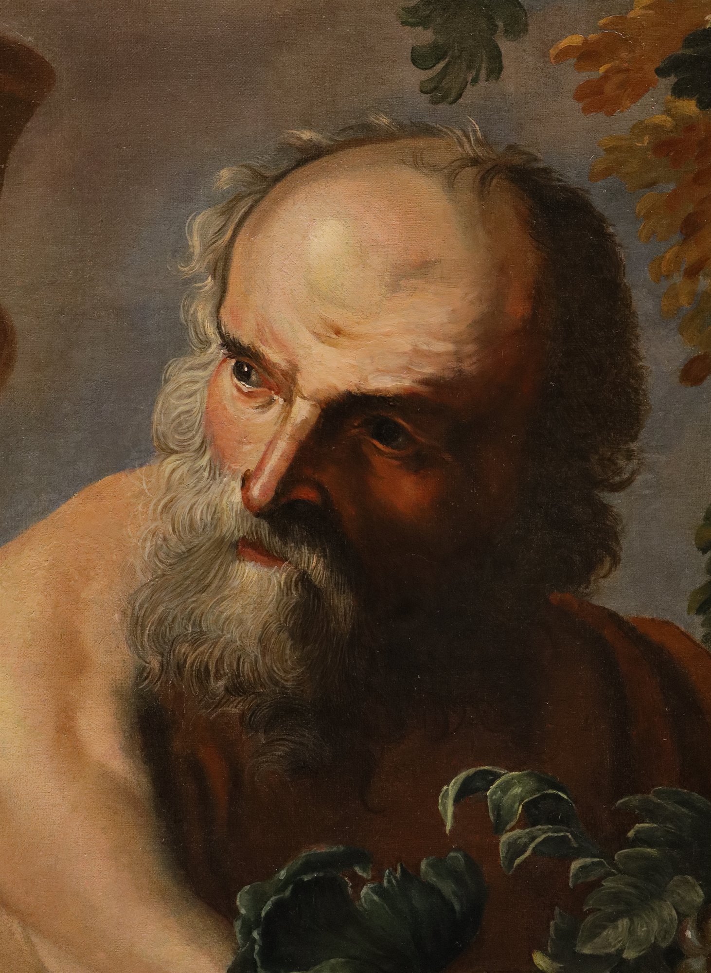 Ritratto del filosofo greco Diogene con composizione di frutta e fiori