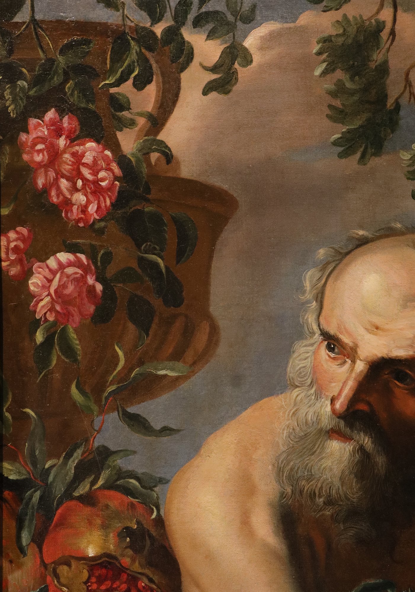 Ritratto del filosofo greco Diogene con composizione di frutta e fiori
