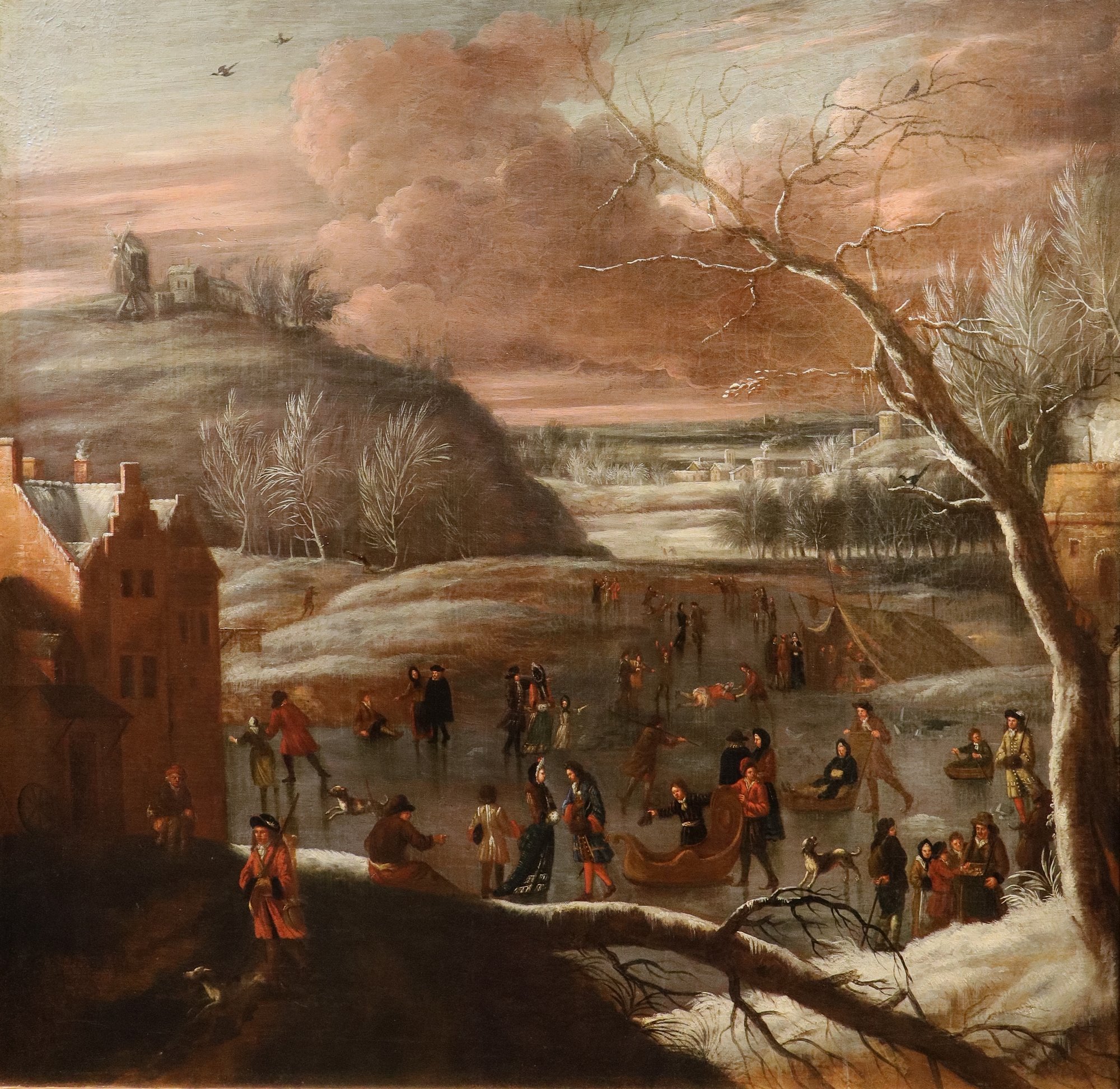 Paesaggio invernale con lago ghiacciato e pattinatori
