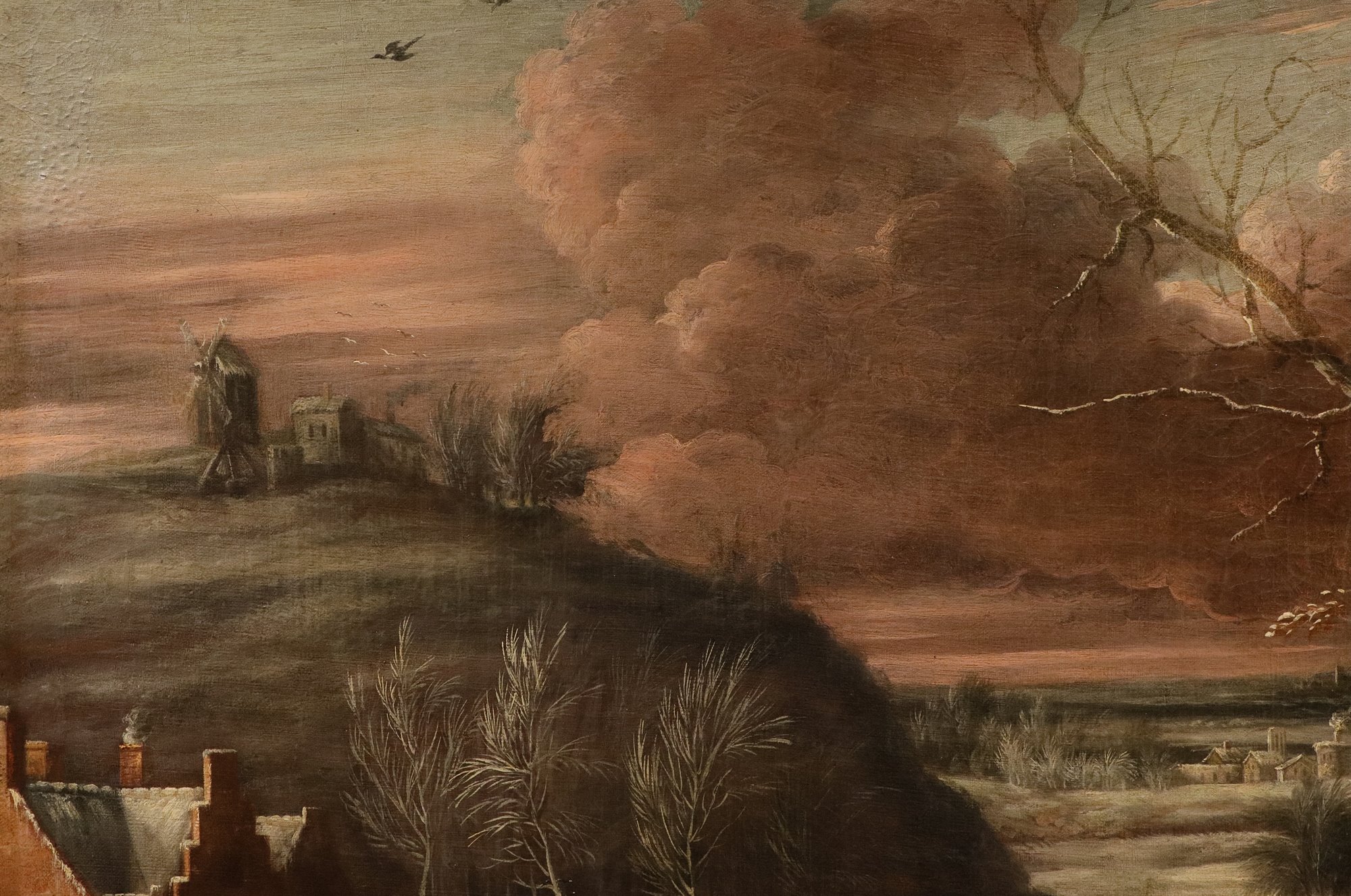 Paesaggio invernale con lago ghiacciato e pattinatori