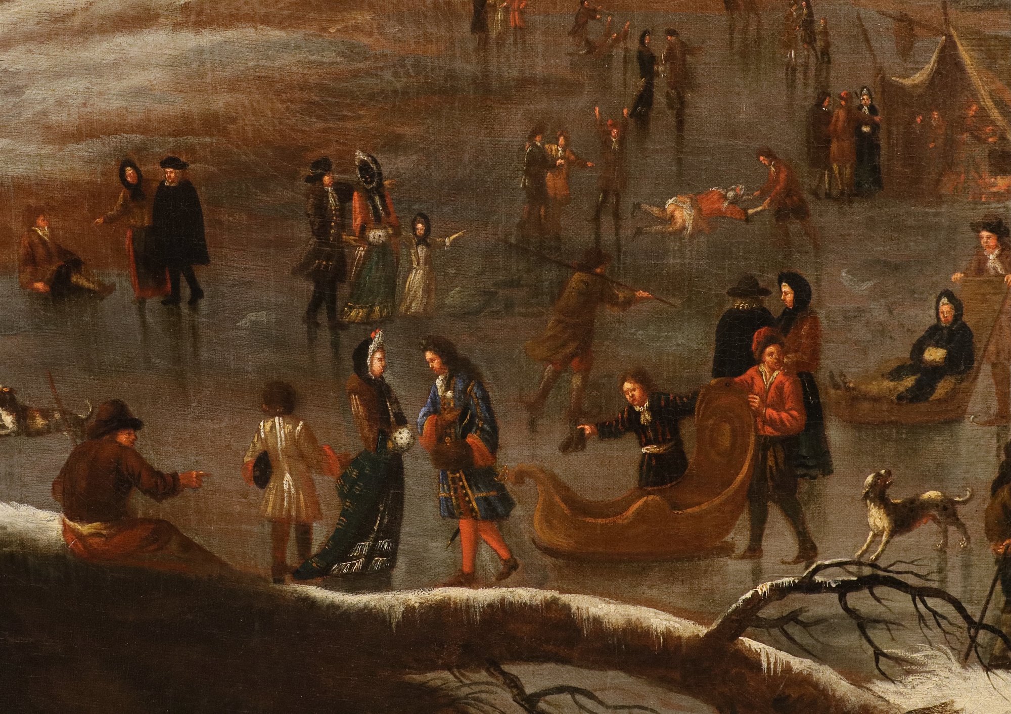Paesaggio invernale con lago ghiacciato e pattinatori