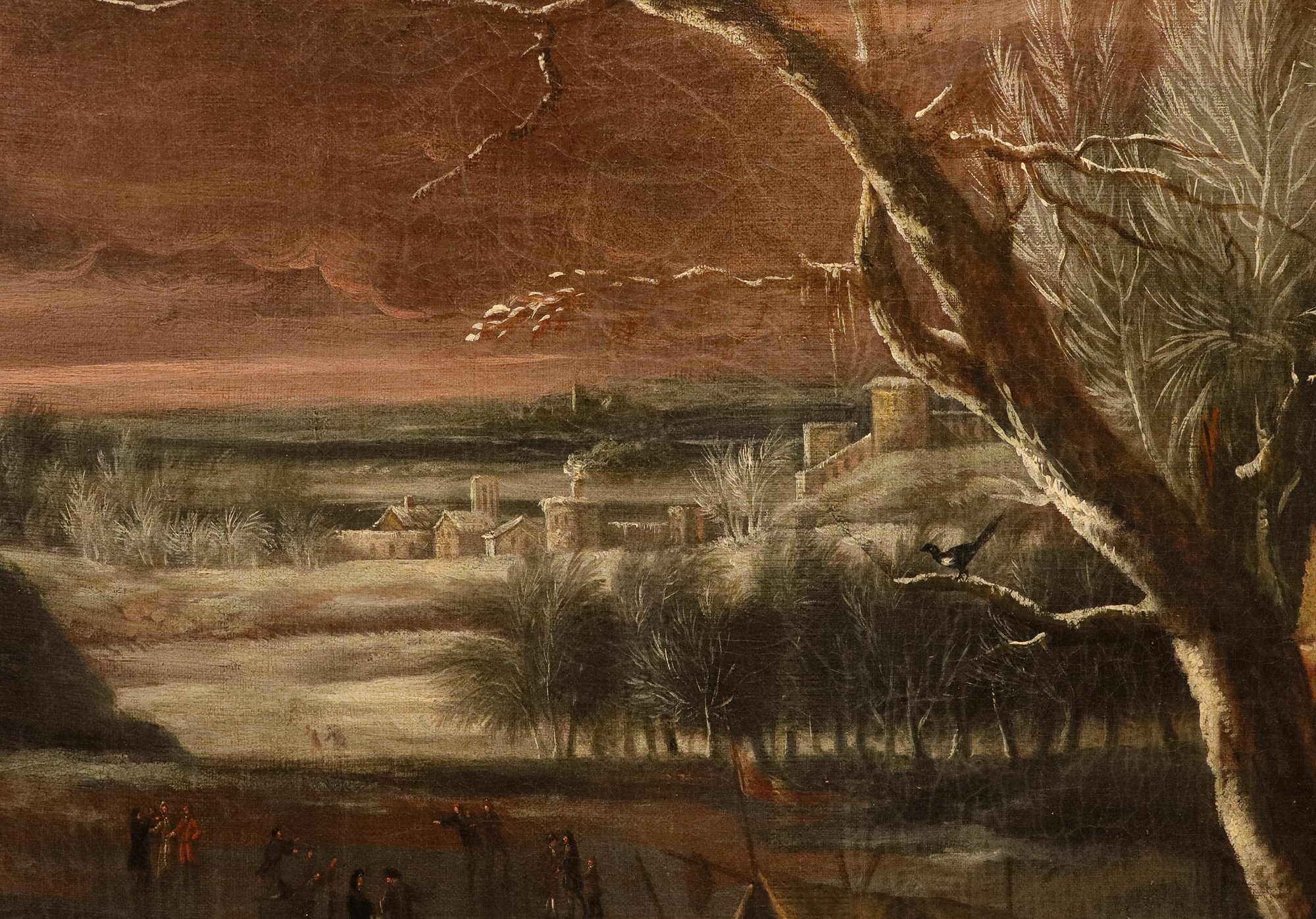 Paesaggio invernale con lago ghiacciato e pattinatori