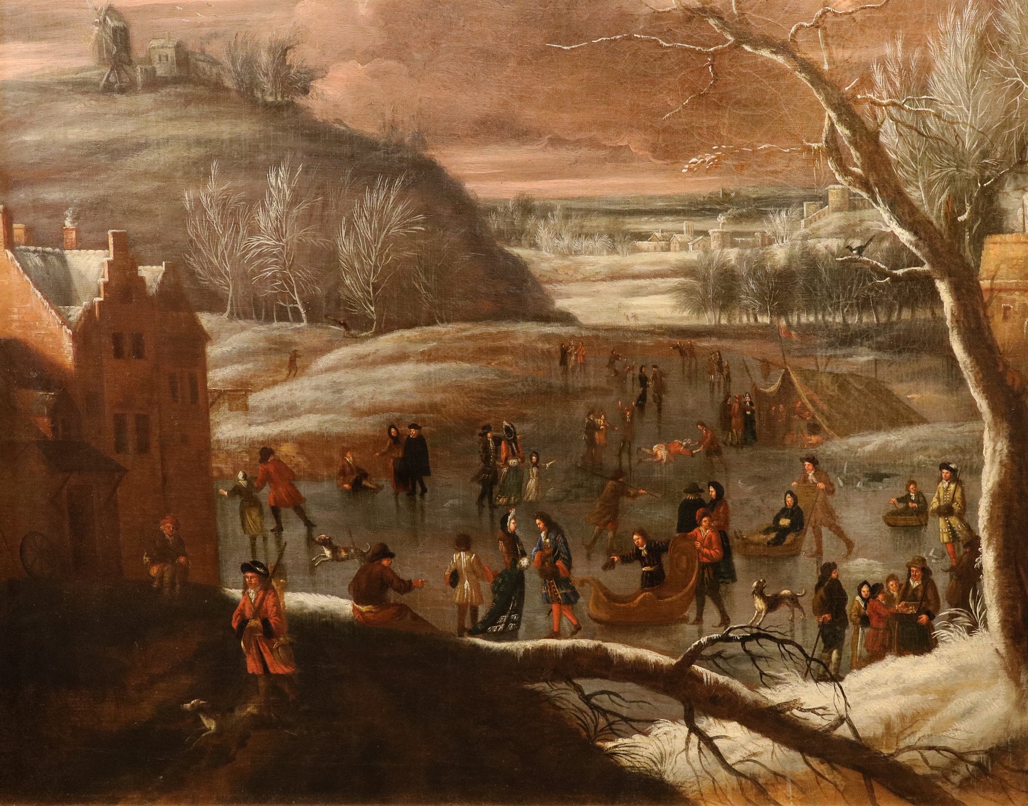 Paesaggio invernale con lago ghiacciato e pattinatori