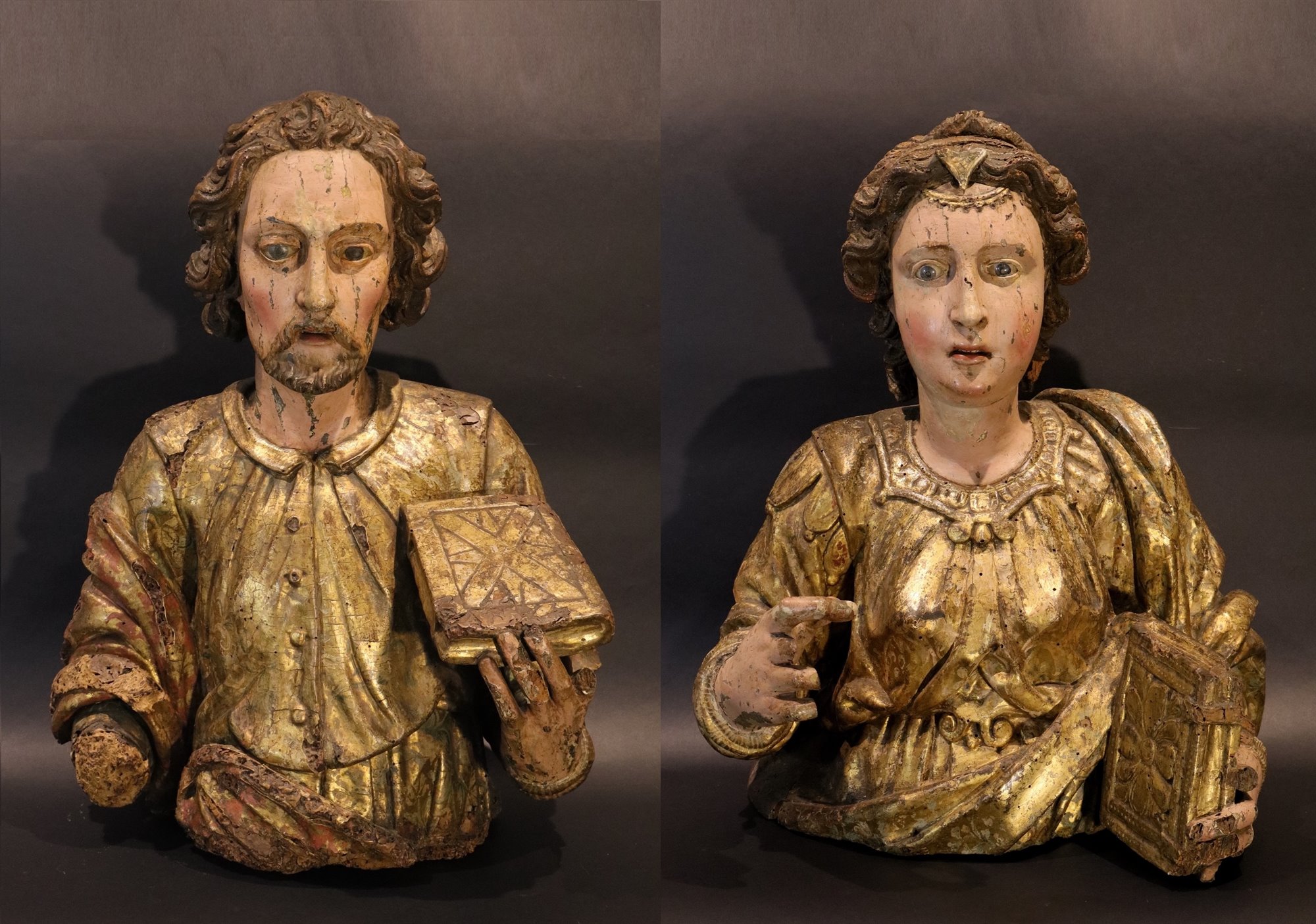 Coppia sculture lignee: San Giovanni Evangelista e Santa Caterina d’Alessandria