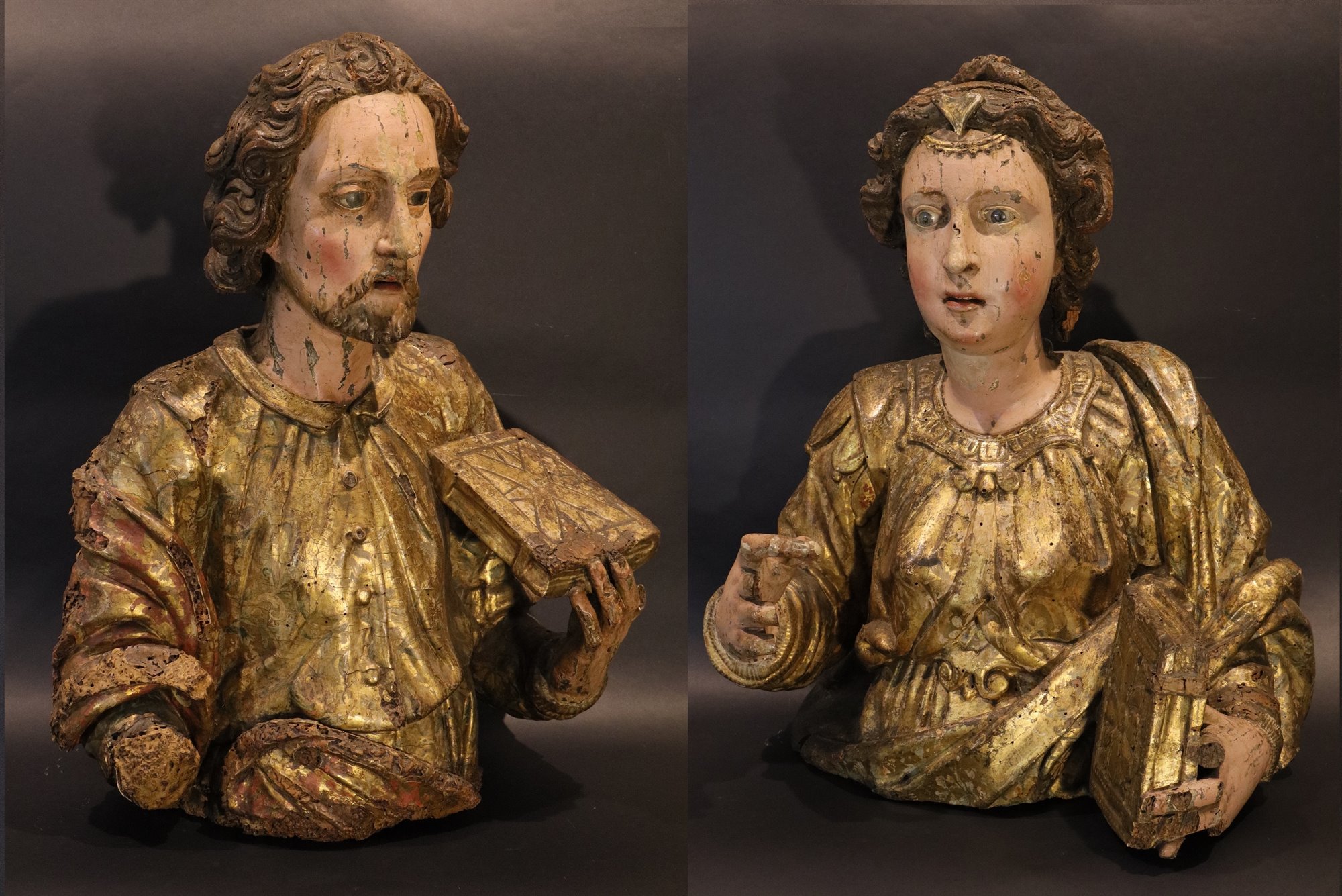 Coppia sculture lignee: San Giovanni Evangelista e Santa Caterina d’Alessandria