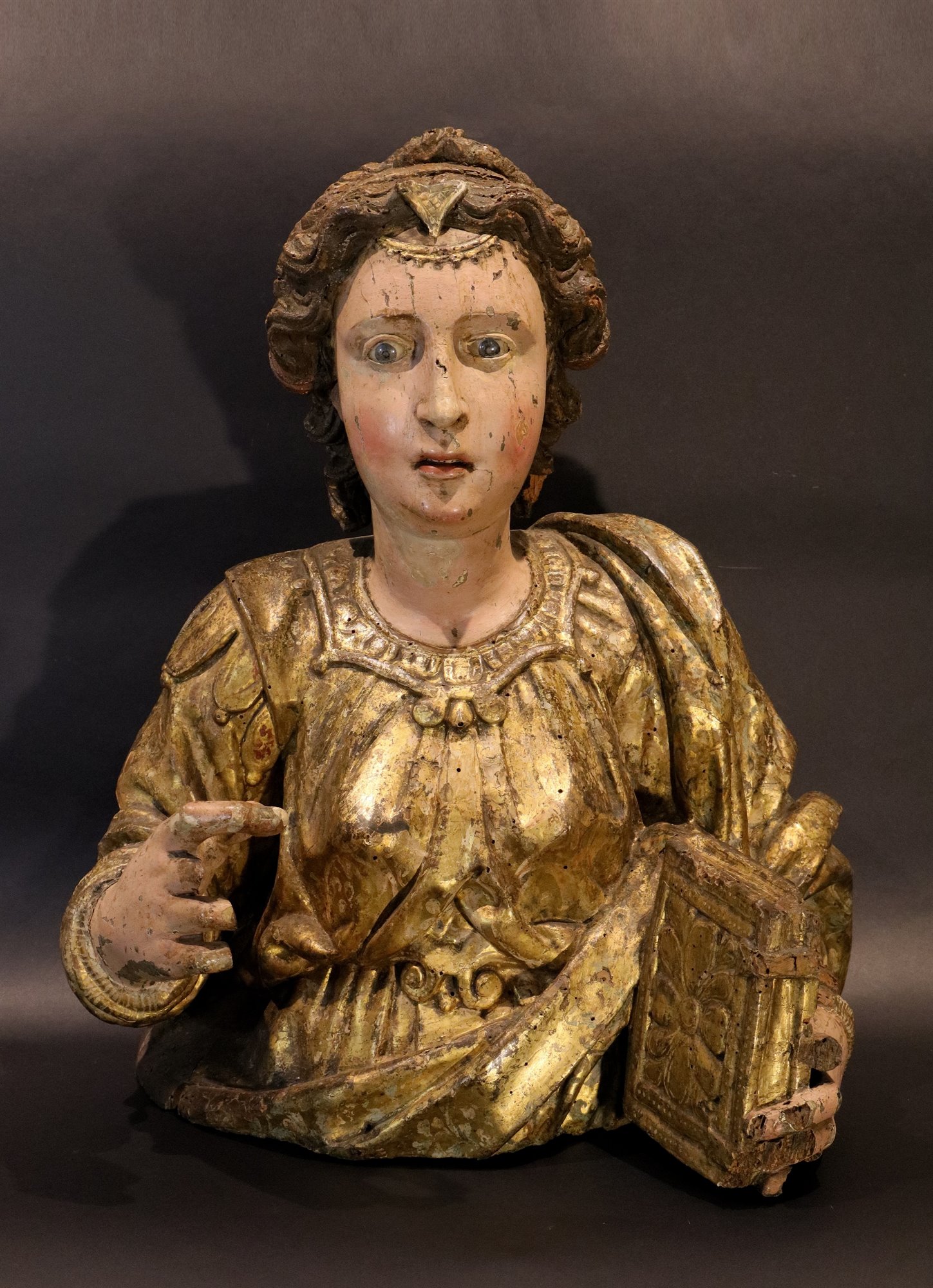 Coppia sculture lignee: San Giovanni Evangelista e Santa Caterina d’Alessandria