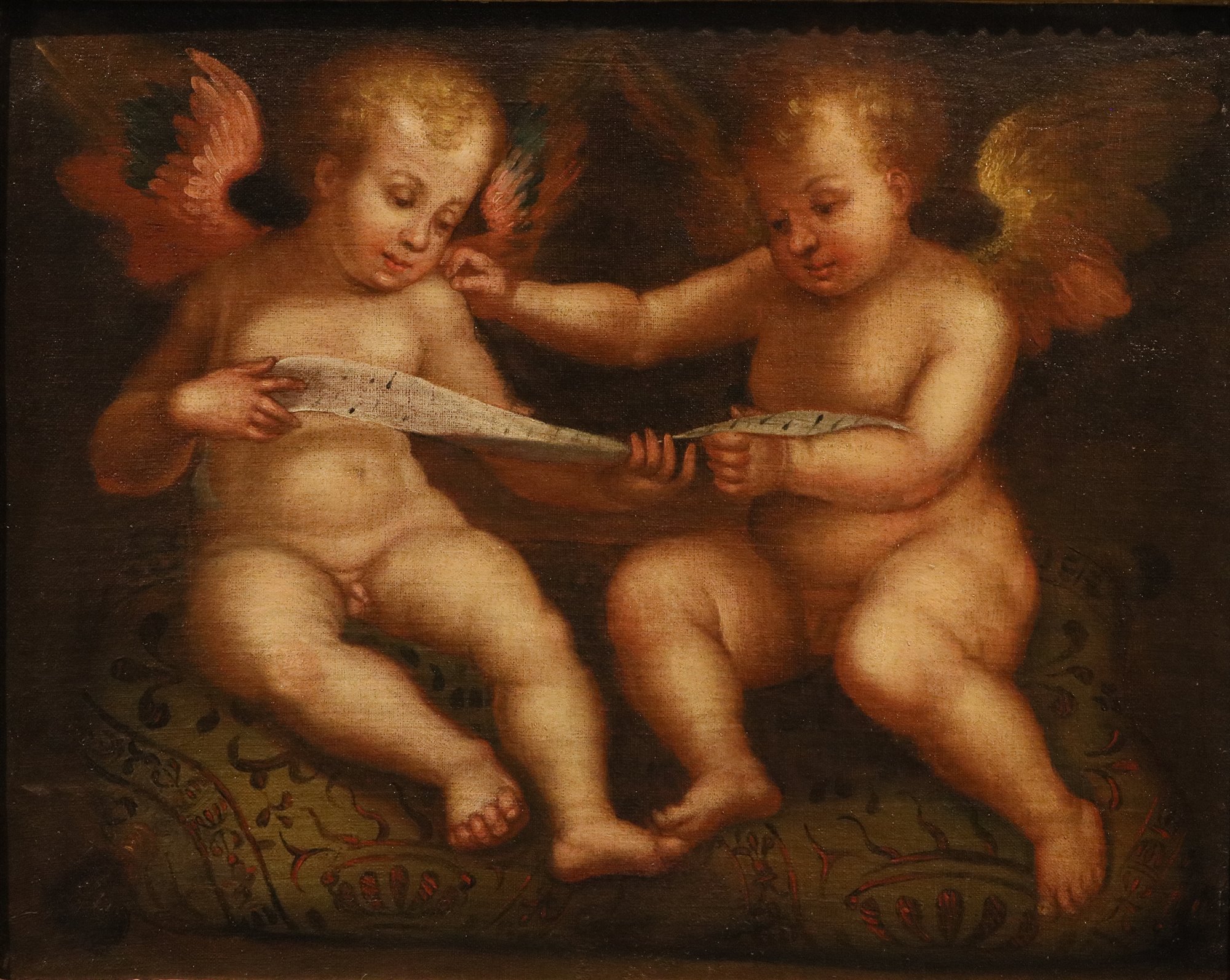 Coppia di dipinti Angeli con cartiglio/ Angeli con libro
