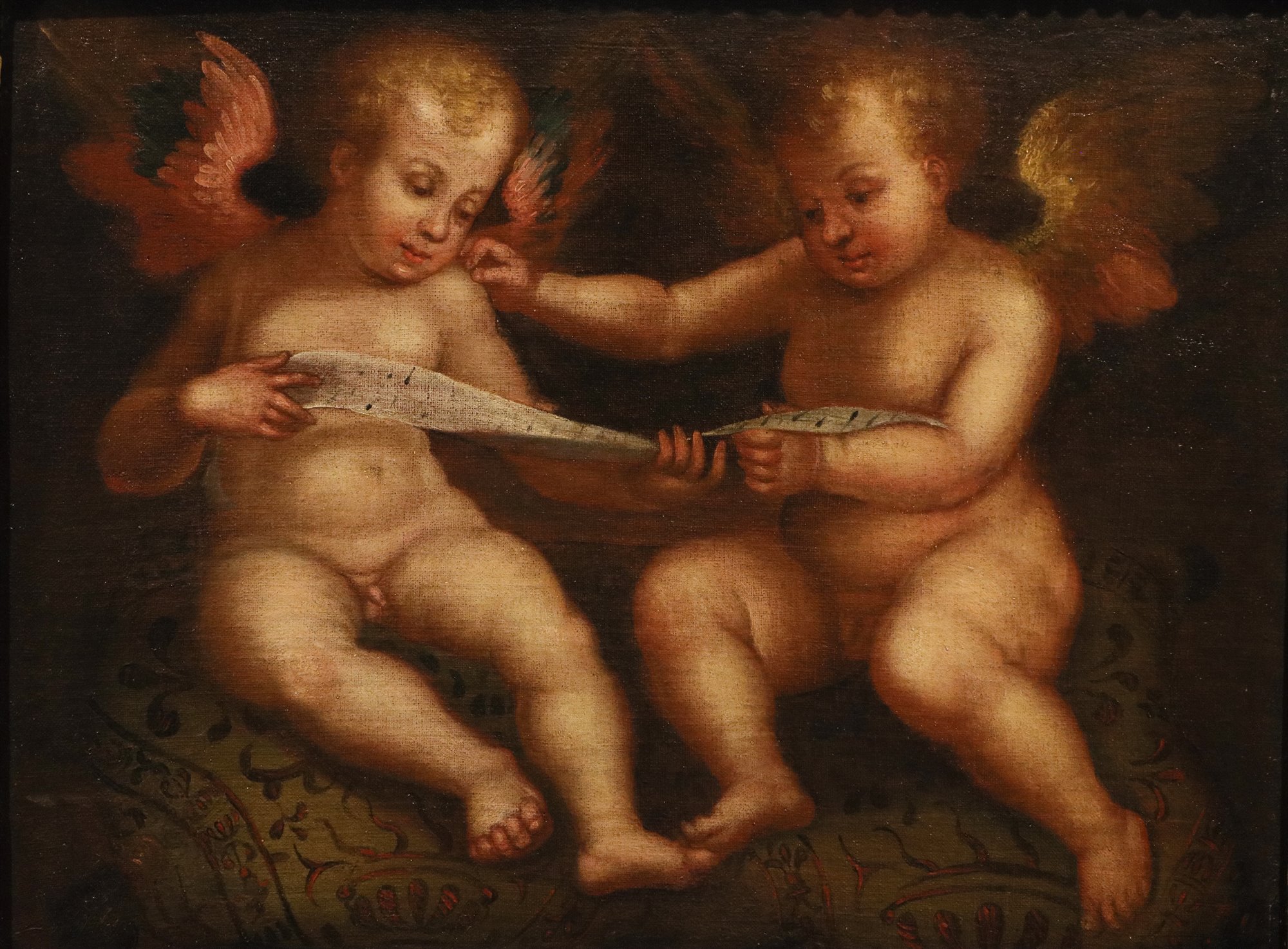 Coppia di dipinti Angeli con cartiglio/ Angeli con libro