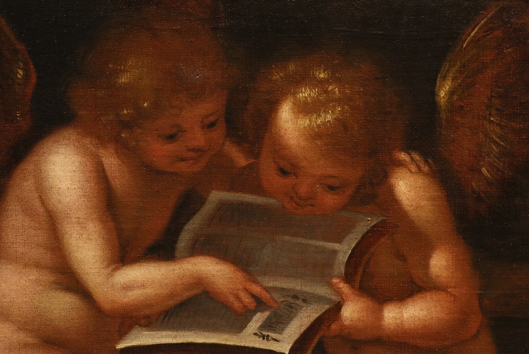 Coppia di dipinti Angeli con cartiglio/ Angeli con libro