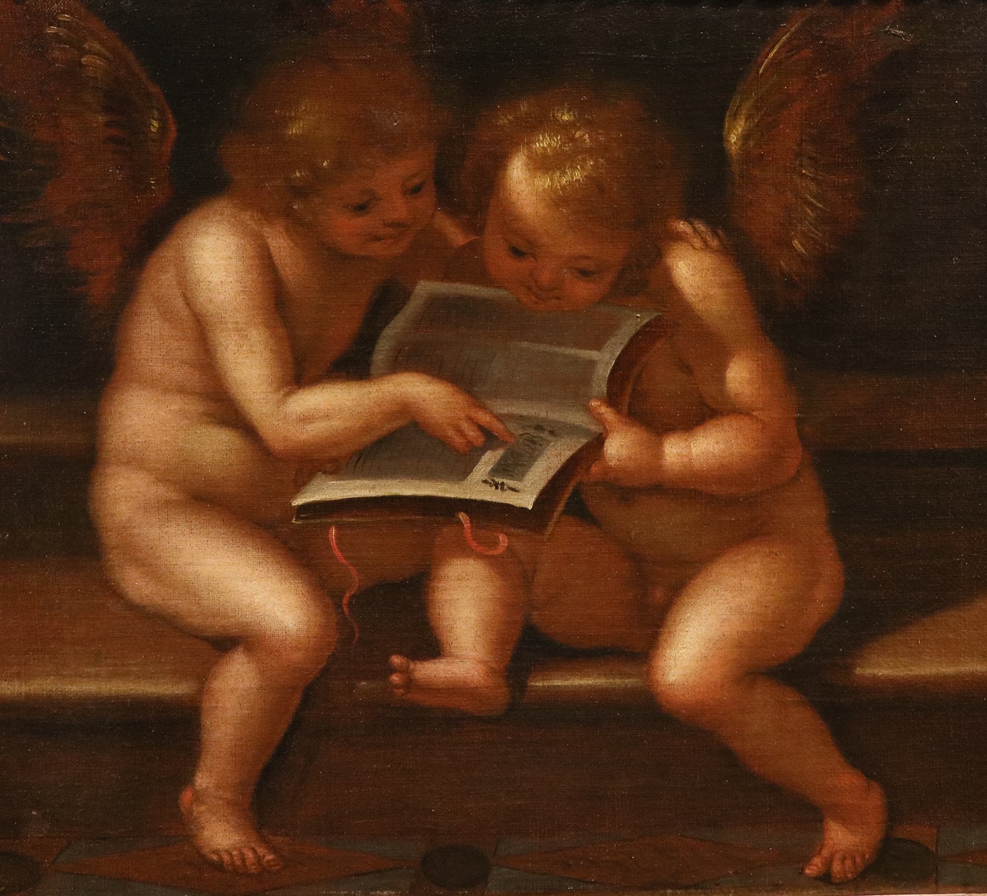 Coppia di dipinti Angeli con cartiglio/ Angeli con libro