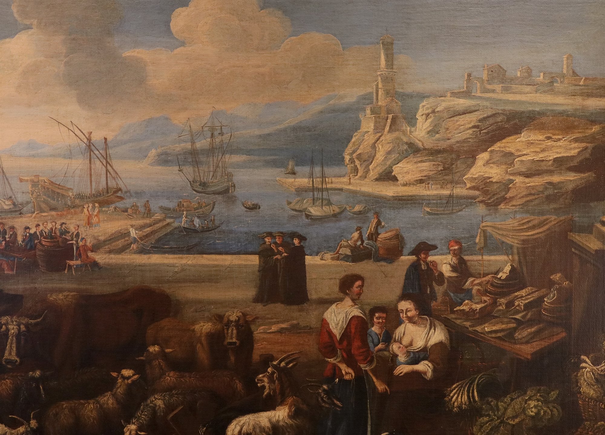 Veduta fantastica di un porto mediterraneo con scena di mercato