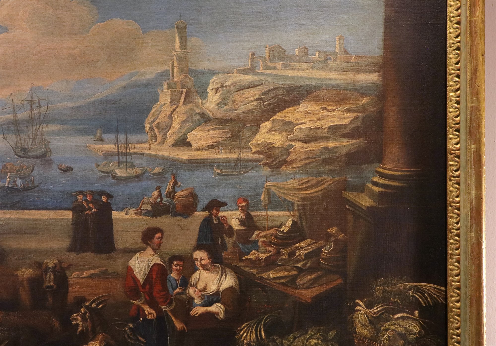 Veduta fantastica di un porto mediterraneo con scena di mercato
