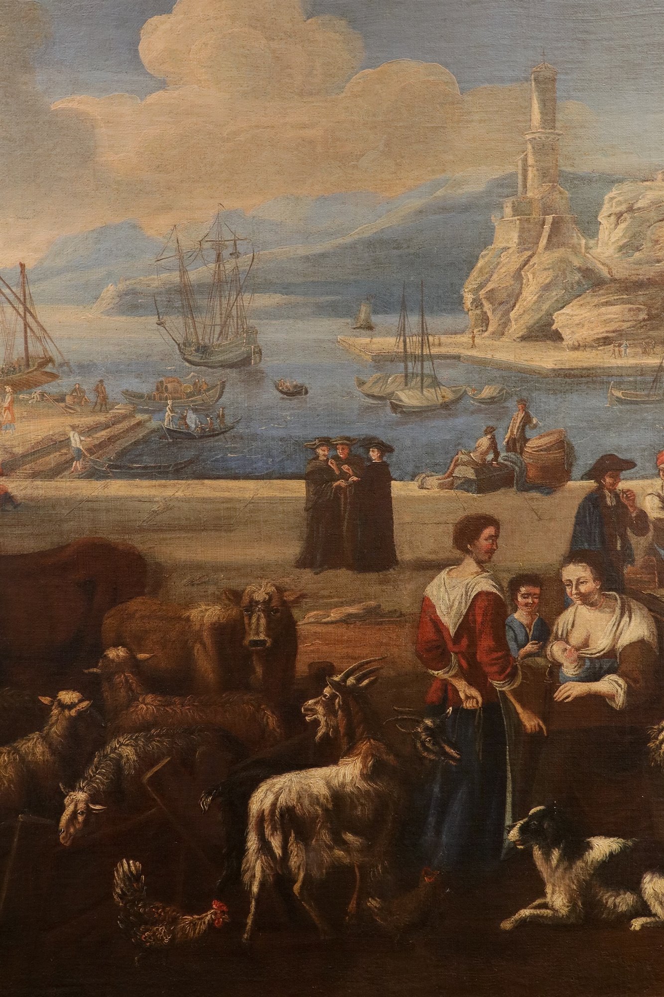 Veduta fantastica di un porto mediterraneo con scena di mercato