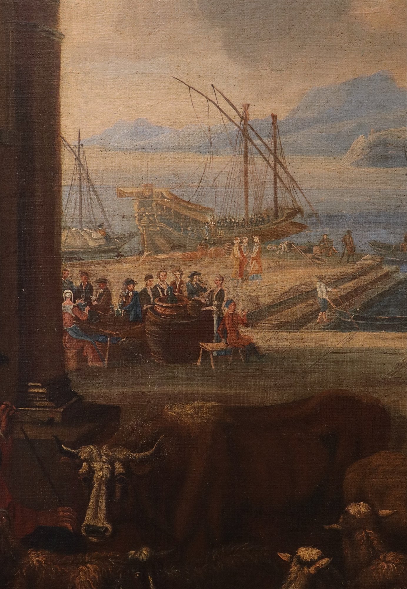 Veduta fantastica di un porto mediterraneo con scena di mercato