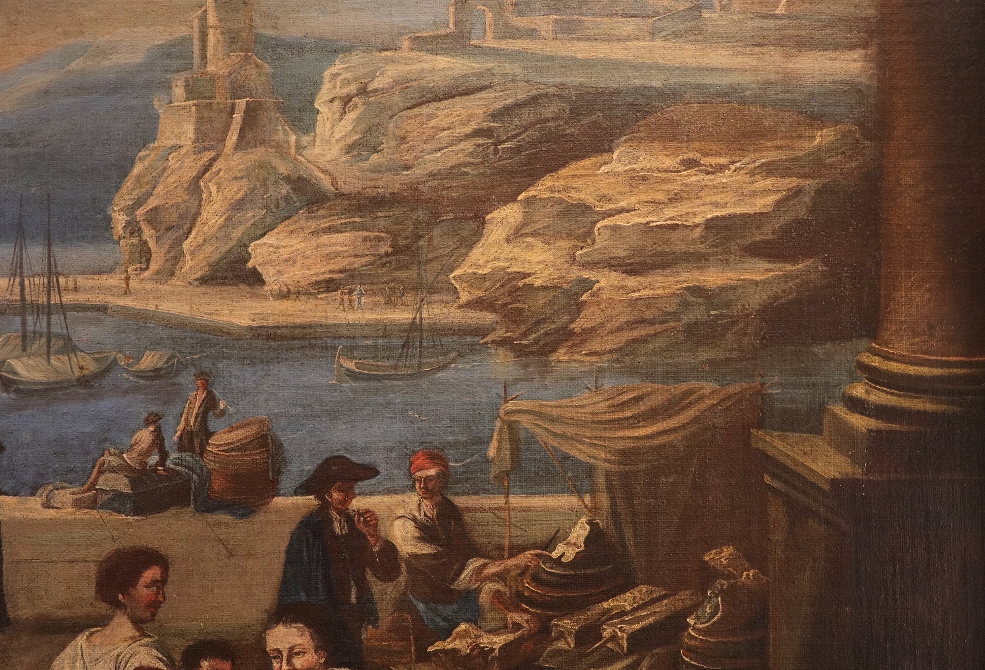 Veduta fantastica di un porto mediterraneo con scena di mercato