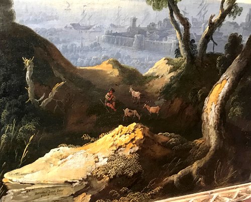 Paesaggio con porto e gruppo di viandanti nei pressi di un ponte