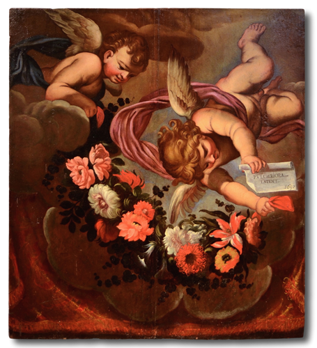 Coppia Di Amorini Alati Con Ghirlanda Floreale Scuola Romana Del Seicento Dipinti Antichi